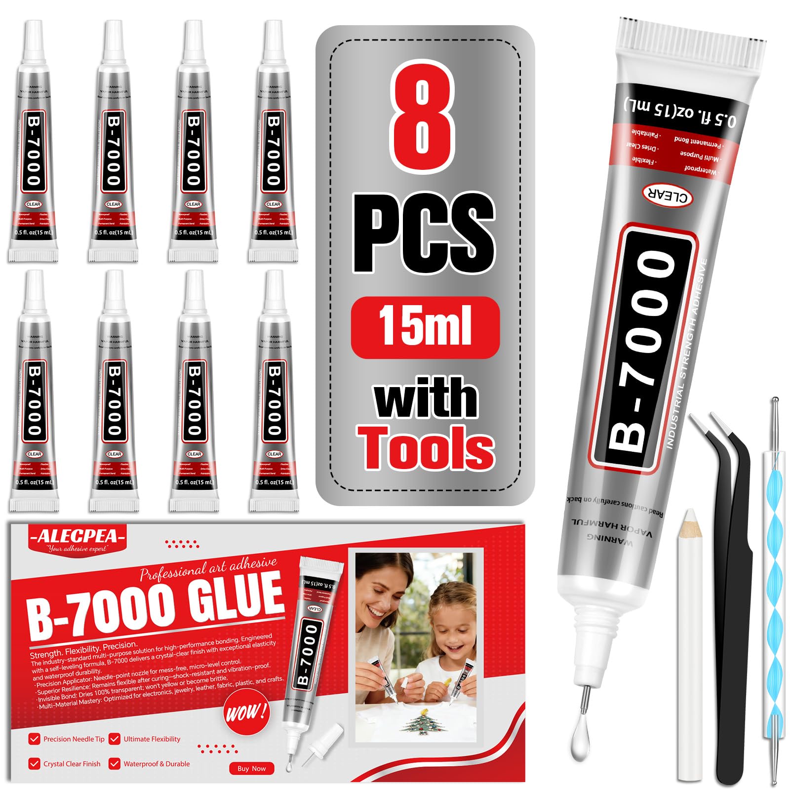 B7000 Glue 15ml 8 Pack with Rhinestone Tool Set, Bling DIY Kit for Nail Art, Phone Case, Shoes, Jewelry & Bedazzling Crafts