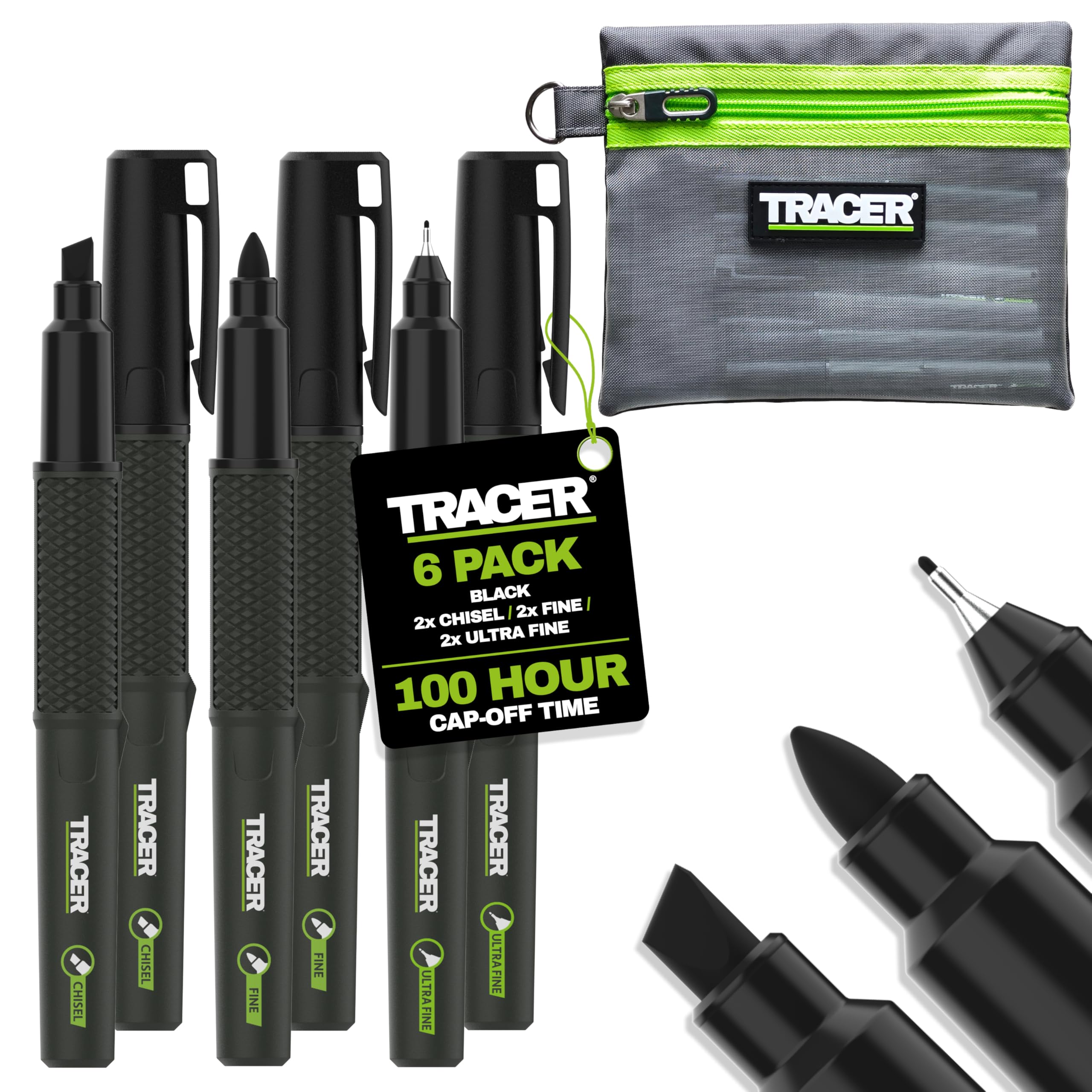 Tracer 2.0 Permanent Marker Kit | 6 Black Pens | Chisel, Fine, Ultra Fine