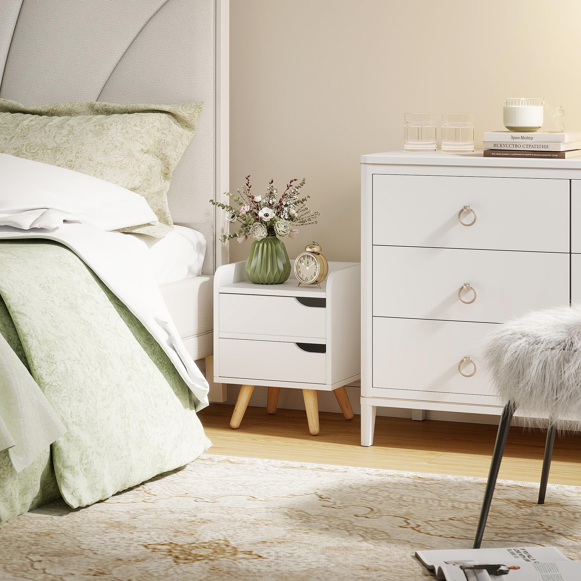 HOMCOM Mesa de Noche Multiusos Mesita Auxiliar para Sala de Estar o Dormitorio con 2 Cajones Espaciosos Patas Elevadas de Pino Diseño Moderno 33x28x42 cm Blanco