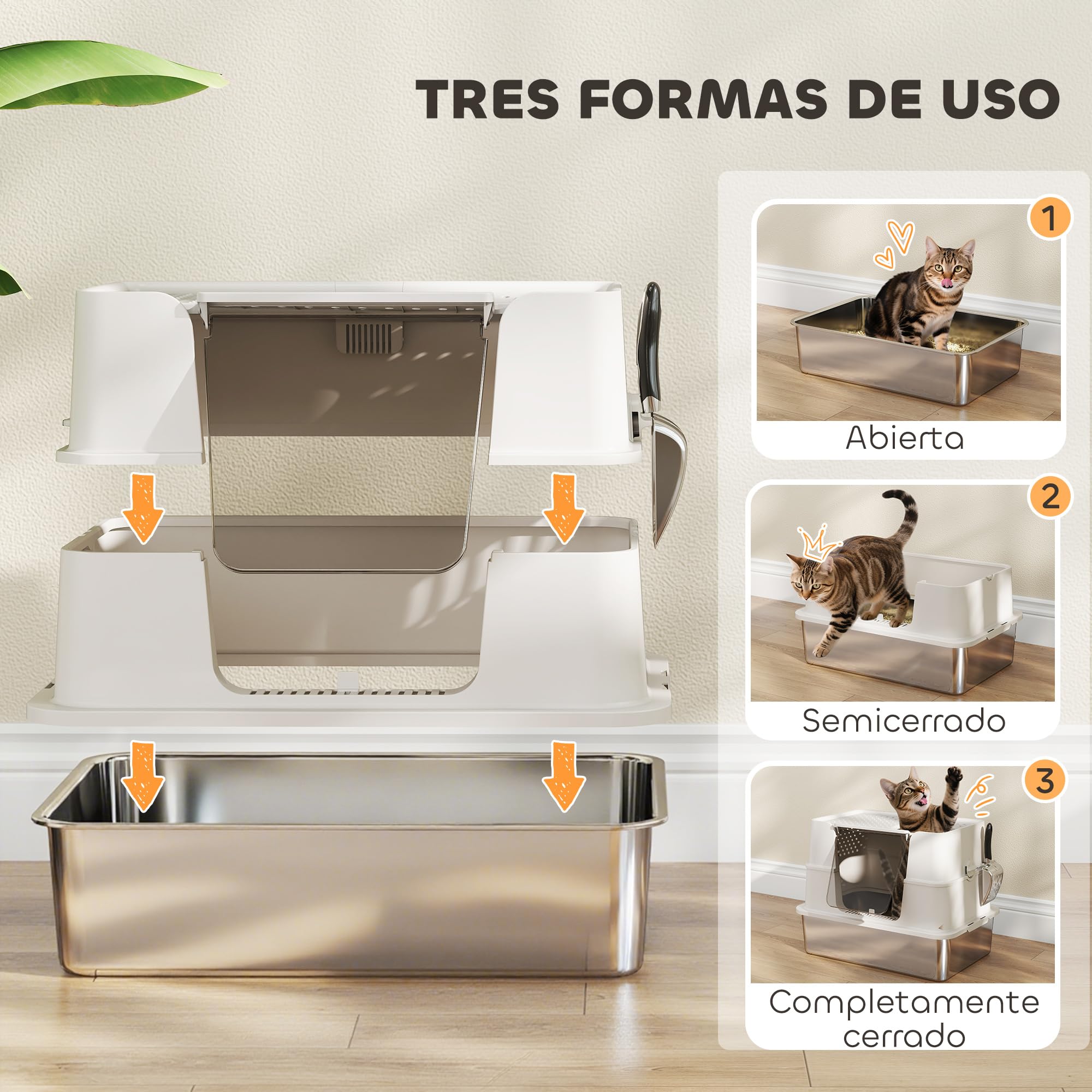 PawHut Arenero para Gatos Acero Inoxidable XL Gatos Grandes Gris Claro | Caja de Arena, Arenero con Tapa Abatible, Laterales Altos, Entrada Superior, Pala, sin Olores, Fácil de Limpiar, Antifugas