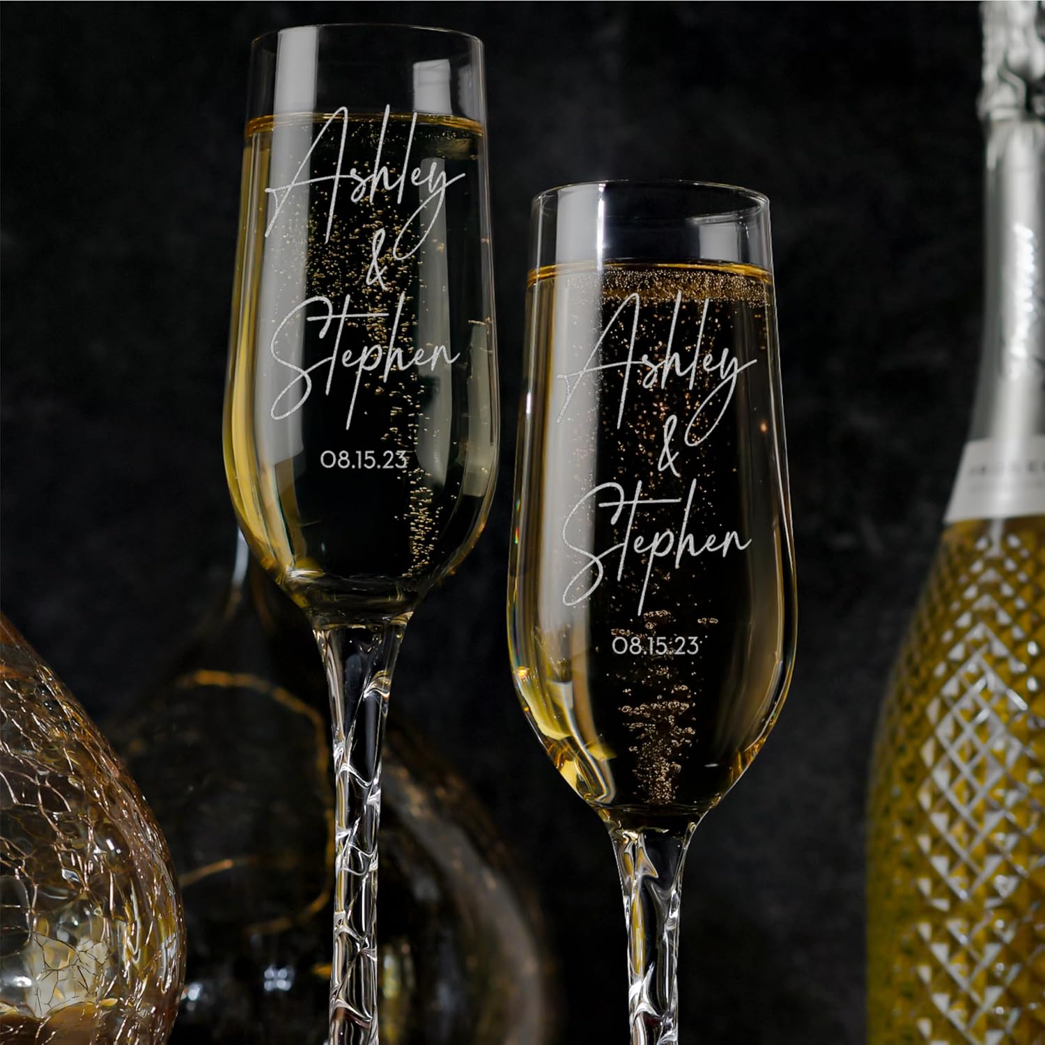 Personalized Wedding Champagne Flutes, Set of 2 Engraved Glasses with Twisted Stem, 10 Elegant Designs, Customized with Names & Date - 7 oz - Perfect for Weddings, Engagements & Anniversaries