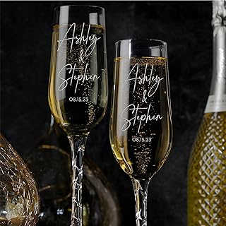 Personalized Wedding Champagne Flutes, Set of 2 Engraved Glasses with Twisted Stem, 10 Elegant Designs, Customized with Names & Date - 7 oz - Perfect for Weddings, Engagements & Anniversaries