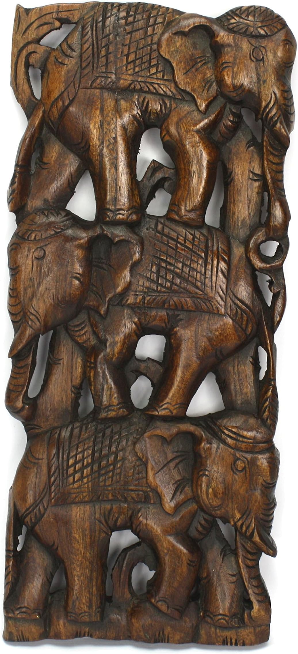 Hand carved teak wood panel, three elephants, single panel, 45.2cm x 20cm