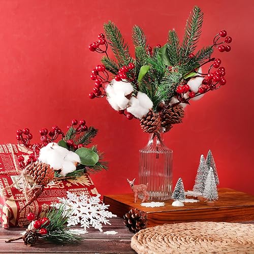 Miniatura 3 de 12 púas de pino nevado de Navidad, púas de bayas rojas, púas artificiales de pino de acebo, bayas falsas, conos de pino para manualidades de