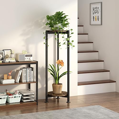 Miniatura 3 de Soporte para plantas de esquina interior alto de 2 niveles de metal moderno para almacenamiento de flores para sala de estar, balcón, jardín, negro
