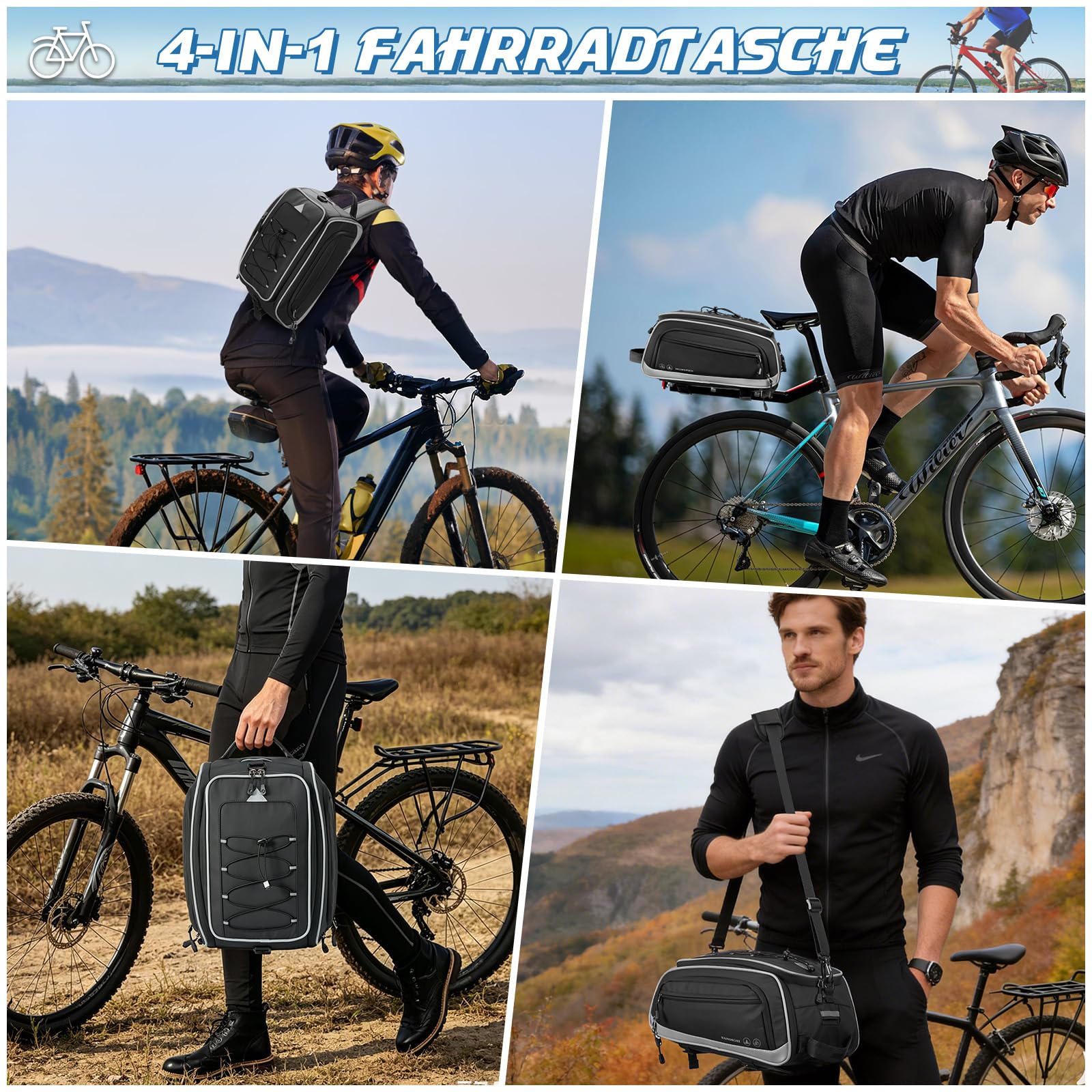 RAINSMORE Fahrradtaschen für Gepäckträger 15L-23L Erweiterbar Wasserdicht Fahrradtasche Hinten mit Reflektierend Regenschutz Fahrrad Gepäckträgertasche für E-Bike Pendler Freizeitradfahren Schwarz