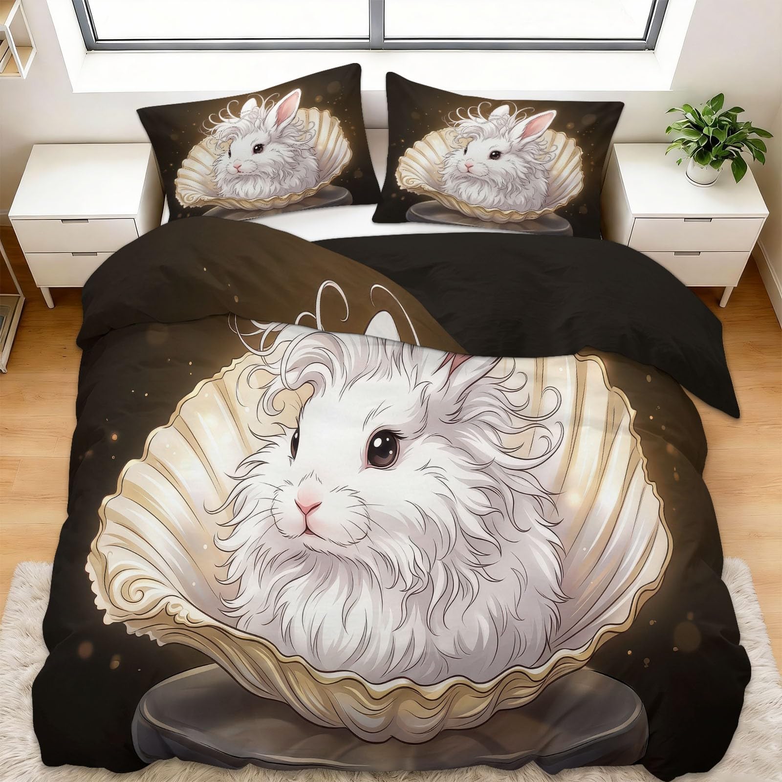 3-częściowy komplet pościeli z białym króliczkiem, 240 x 220 cm, z poszewką na kołdrę i 2 poszewkami na poduszkę 80 x 80 cm, kolor beżowy