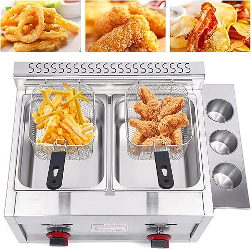 Miniatura 2 de XUANIIIL Freidora comercial de gas con cesta y tapa de 6 litros*2, freidora de gas licuado de acero inoxidable con control de temperatura, freidora