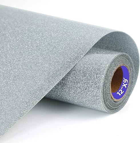 Rollos de vinilo de transferencia de calor HTV con purpurina plateada, 12 pulgadas x 9 pies, vinilo elástico para planchar en camiseta para silueta