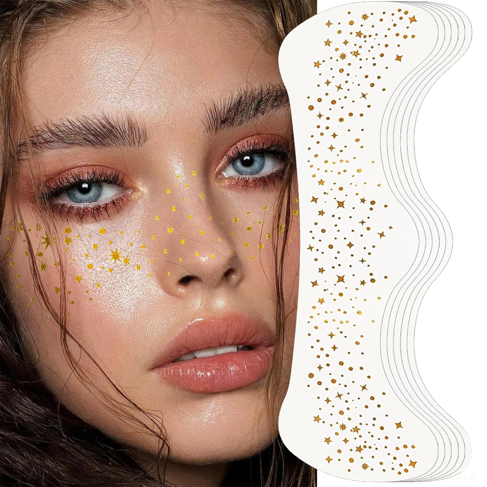 12PCS Holographic and Gold Glitter Freckles Face Tattoo,Multichrome Sparkle Makeup Patches Face Shimmer Tattoo Festival Essentials Waterproof Temporary MakeupTattoo for Teenagers & Women - Image 3