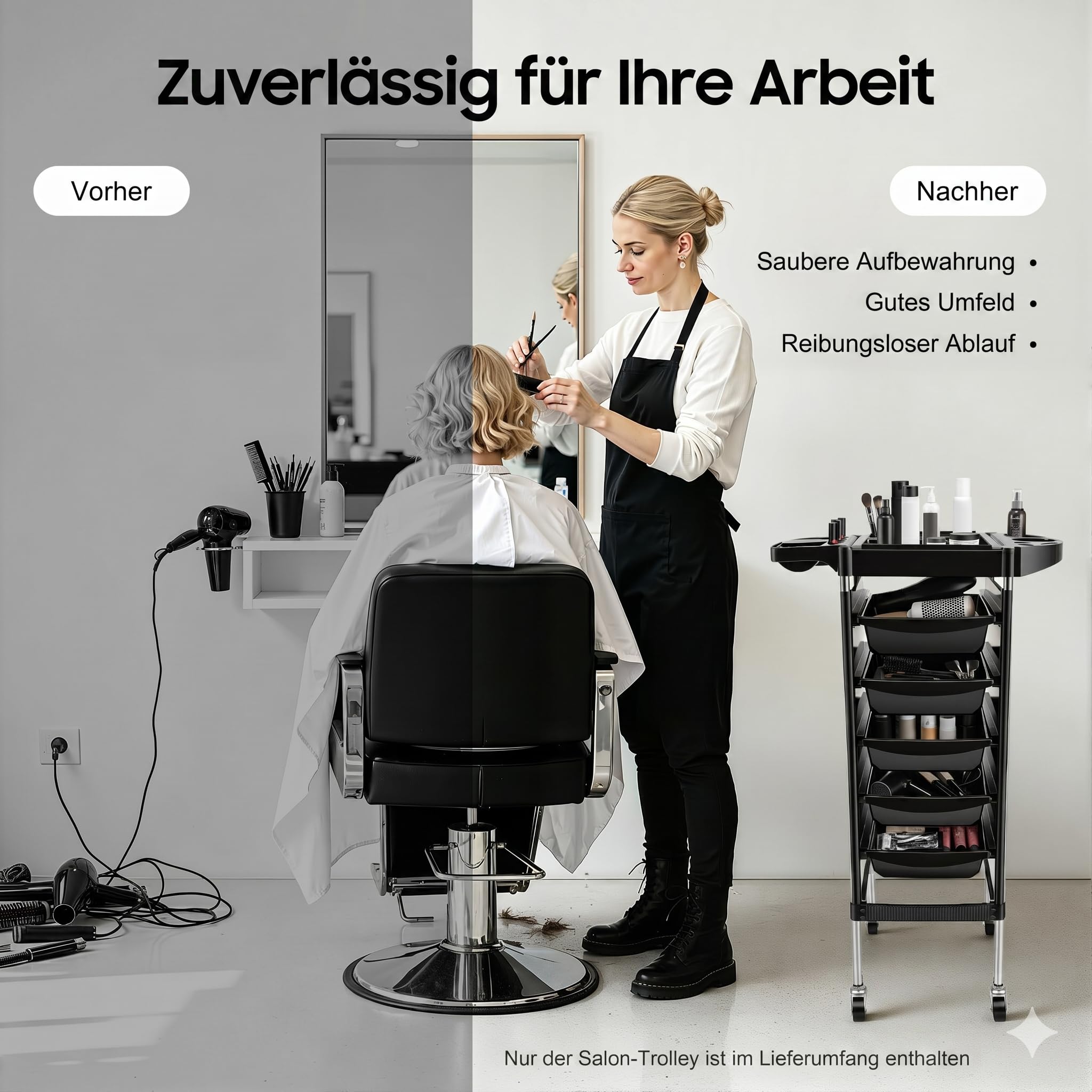 Friseurwagen mit Rollen, 36 * 85.5cm 5 Schubladen Salon Rollwagen Rechteckig mit Mehrere Aussparungen für Friseurbedarf, Schmuck, Kosmetika, Schwarz