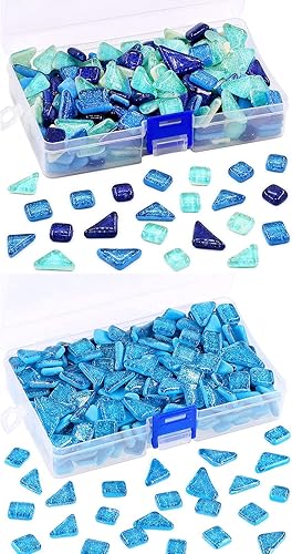 Swpeet Azulejos de mosaico de vidrio de 2 libras, vitrales para manualidades, colores y patrones mezclados, mezcla de azul y azul marino
