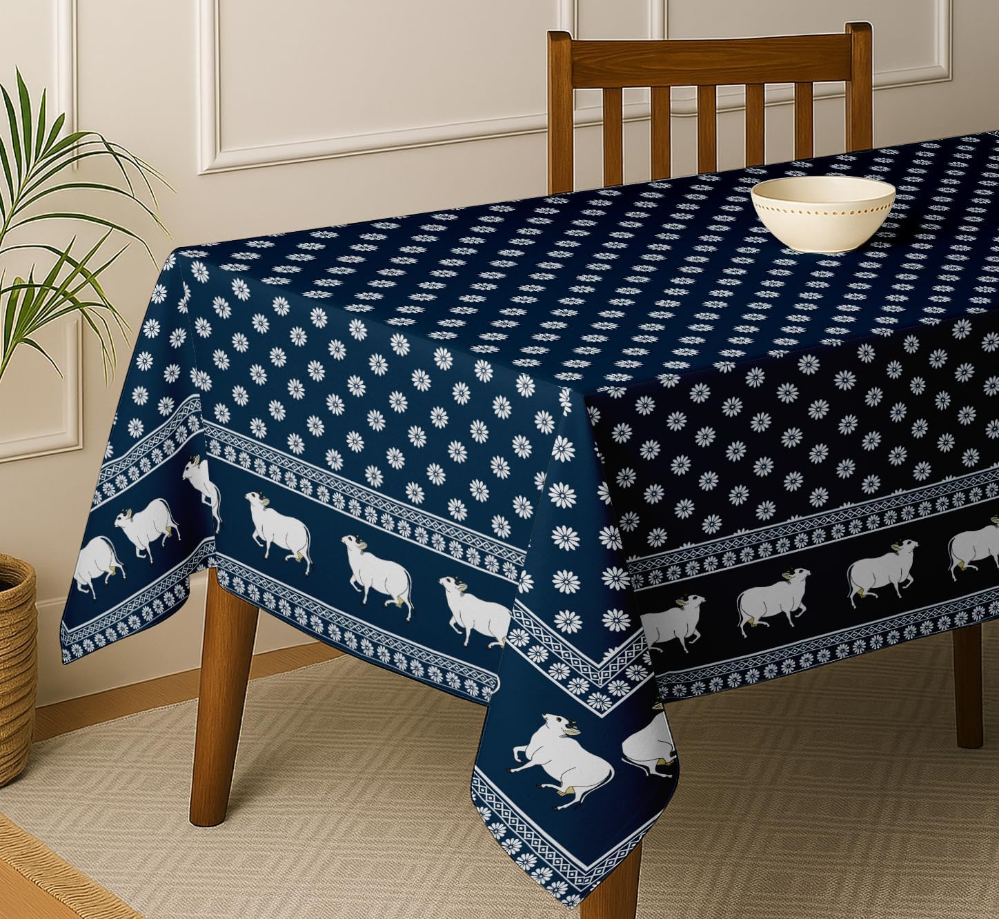 Block Design Tablecloth - Blue 60x60 Inch Cotton Twill Dining Table Cover, Perfect for 4 Seater Tables, Durable, Protective & Washable, Ideal for Everyday Use, Festive Occasions & Gatherings