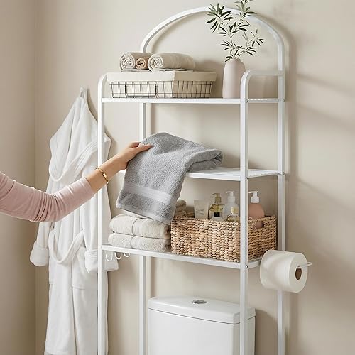 Miniatura 7 de 3-Tier Over The Toilet Storage, Bathroom Organizer, Space-Saving, Above Toilet Storage Rack with 4 Hooks and Paper Holder, Metal Shelf, White