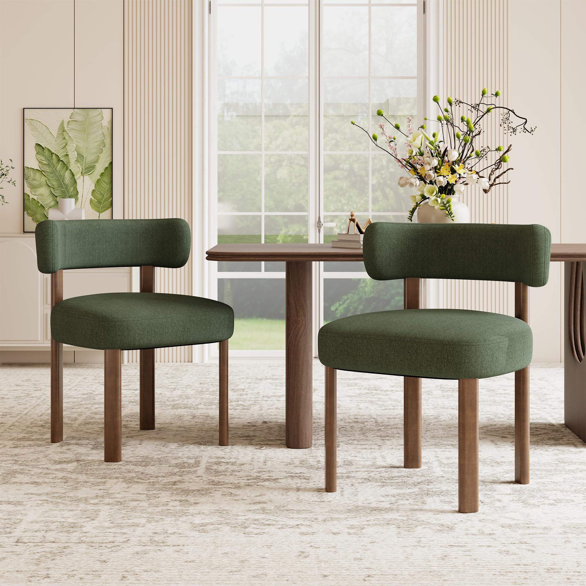 wooden dining chairs set of 2, upholstered kitchen chairs with solid wood legs, mid century dining room chair with ergonomic curved backrest for kitchen dining vanity, green