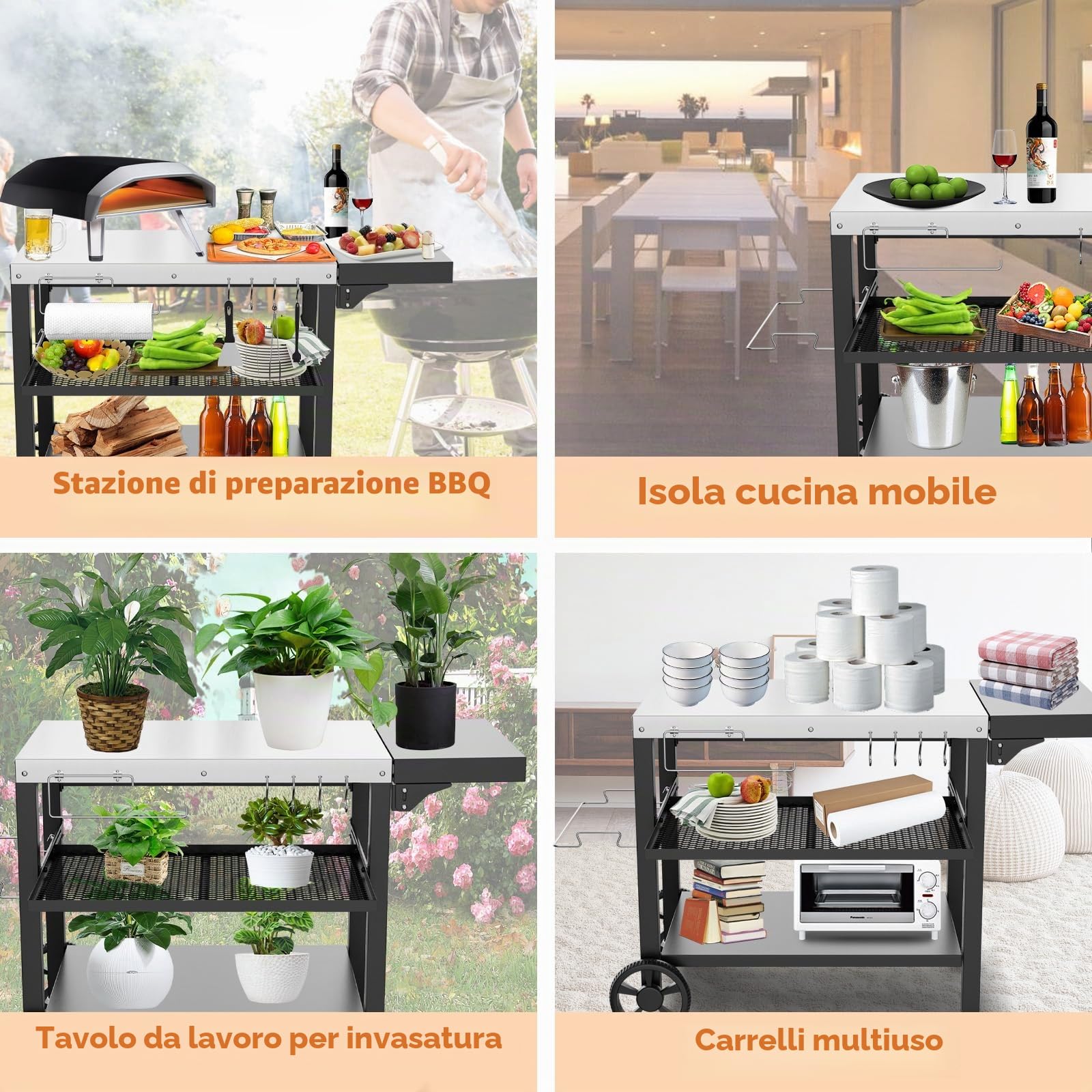 GFTIME Tavolo da Barbecue in Acciaio Inox Con 3 Piani, Supporto per Pizza, Carrello da Lavoro Con 4 Ganci per Esterni, Tavolino da Servizio, 116 x