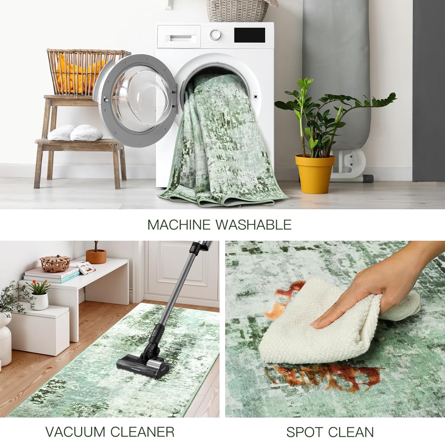 Green Washable Runner Rug for Bedroom, Abstract Non-Slip Soft Entryway Rugs, Modern Low Pile Stain Resistant 2x6 Carpet for Entryway, Kitchen, Hallway, Bedside