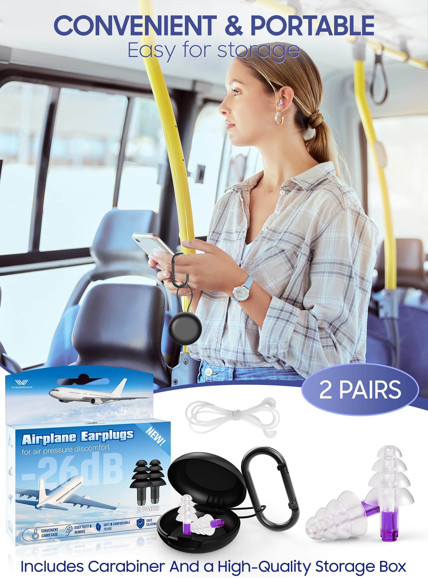 Tapones para los oídos para alivio de la presión del oído en avión, 2 pares de tapones de silicona suave reutilizables para los oídos de avión de 26 dB, con cable conector de silicona, esenciales de