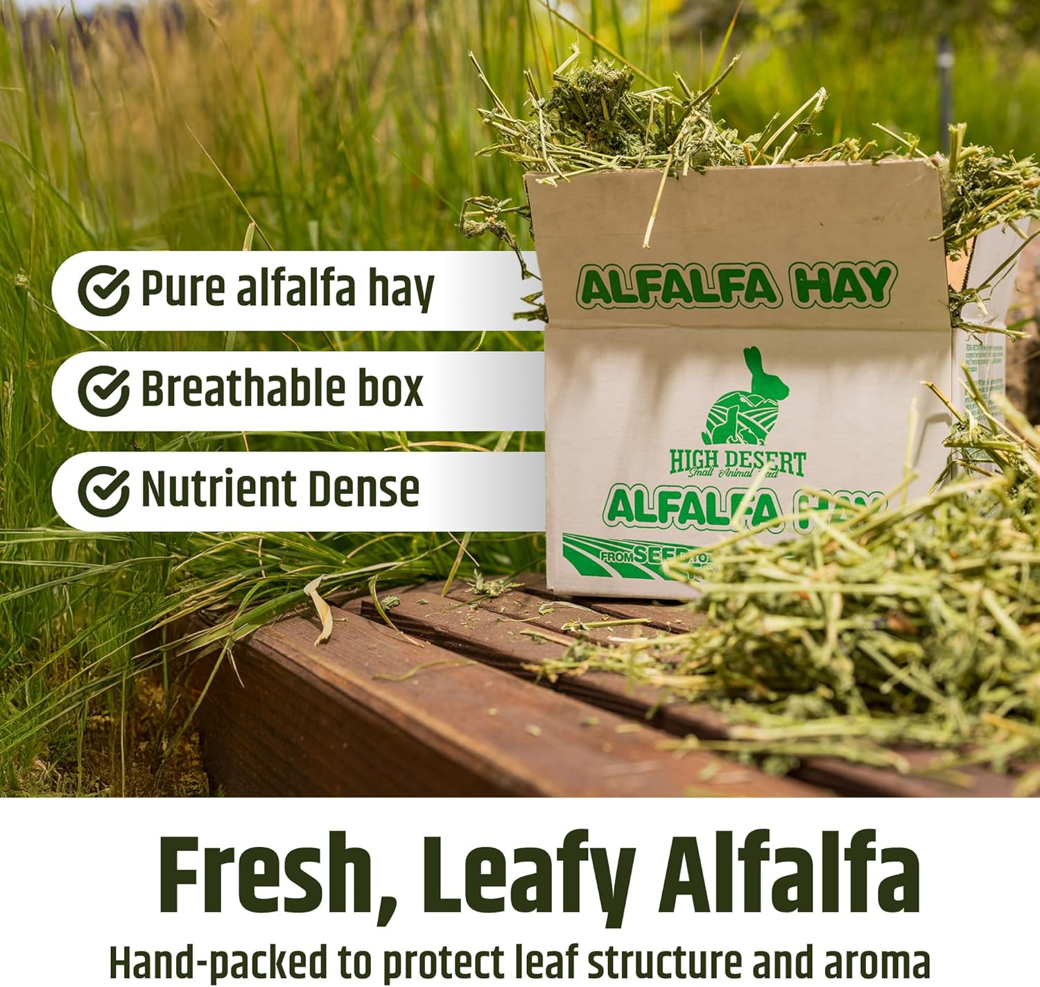 High Desert Alfalfa Hay, Protein Rich Soft Leaf Food for Young Growing Animals, Natural Rabbit Food and Guinea Pig Hay, Supports Digestive Health, Small Pet Supplies, Fresh Hand Packed 10 Lb Box