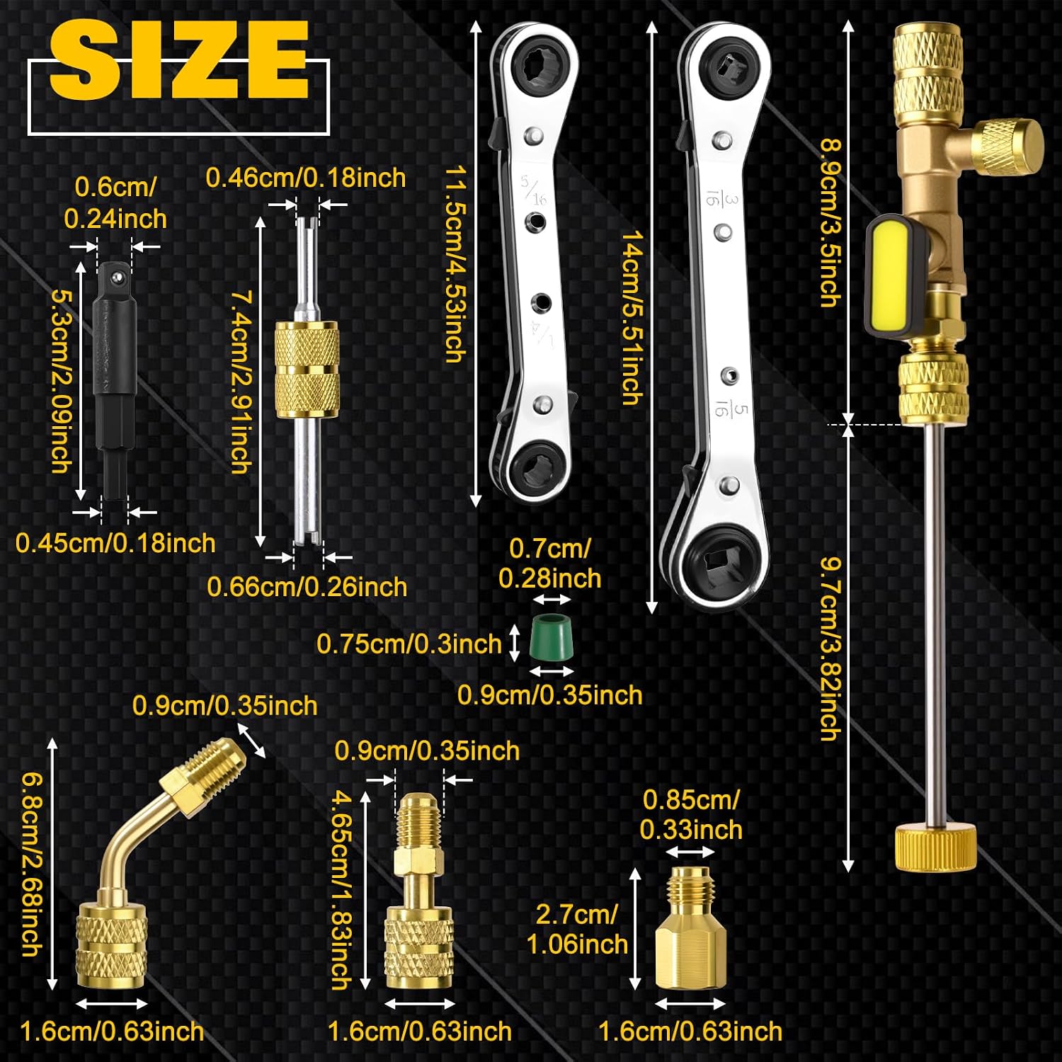 Valve Core Remover Installer Tool and HVAC Service Wrench Set with Hex Bit Adapter, 3/16", 1/4", 5/16", 3/8" Refrigeration Service Wrench for Air Conditioning and Refrigeration Repair