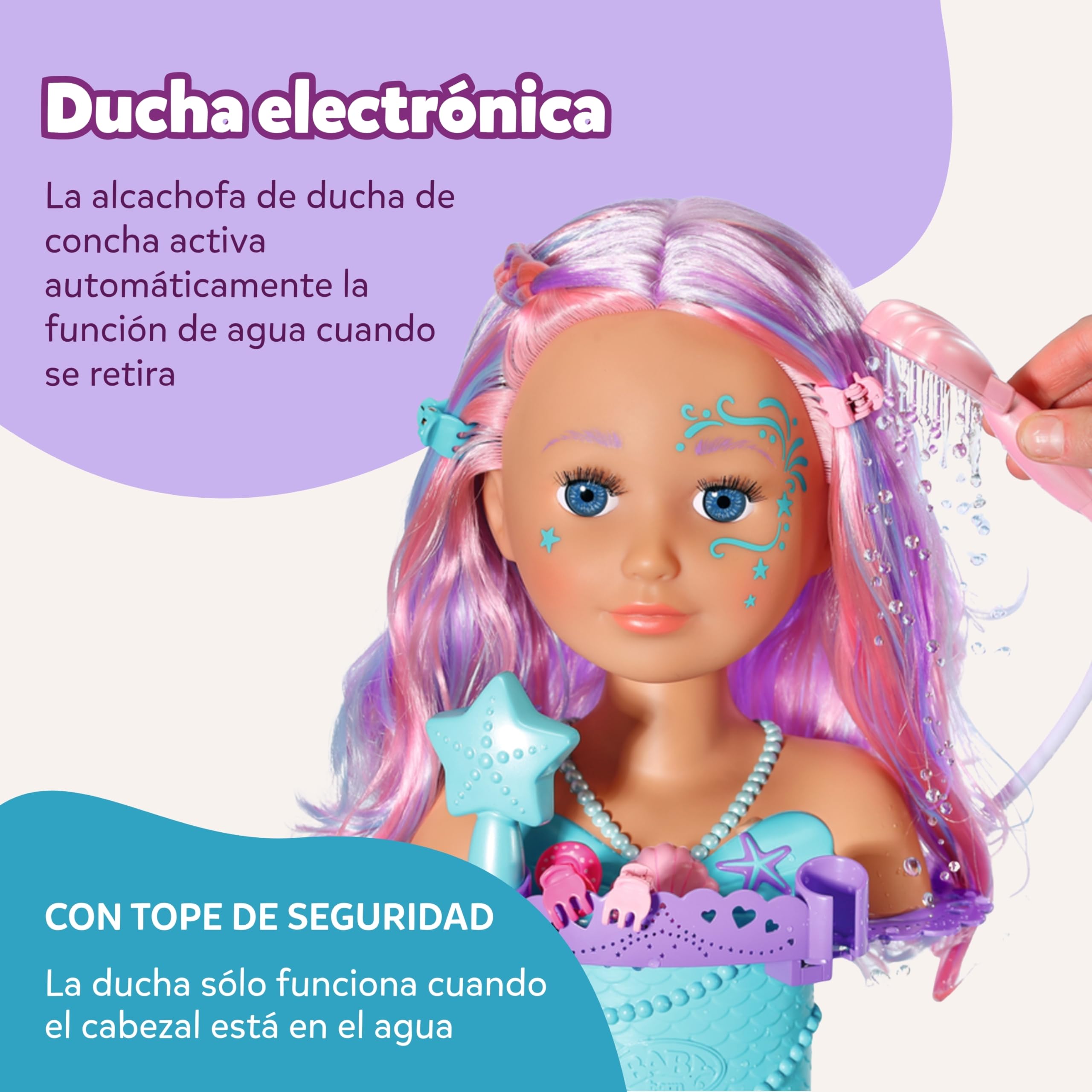 Baby Born Cabeza de Sirena – Cabeza giratoria con función de Agua, Apta para la bañera - Incluye Cepillo, Diadema y Accesorios - Desde 3 años