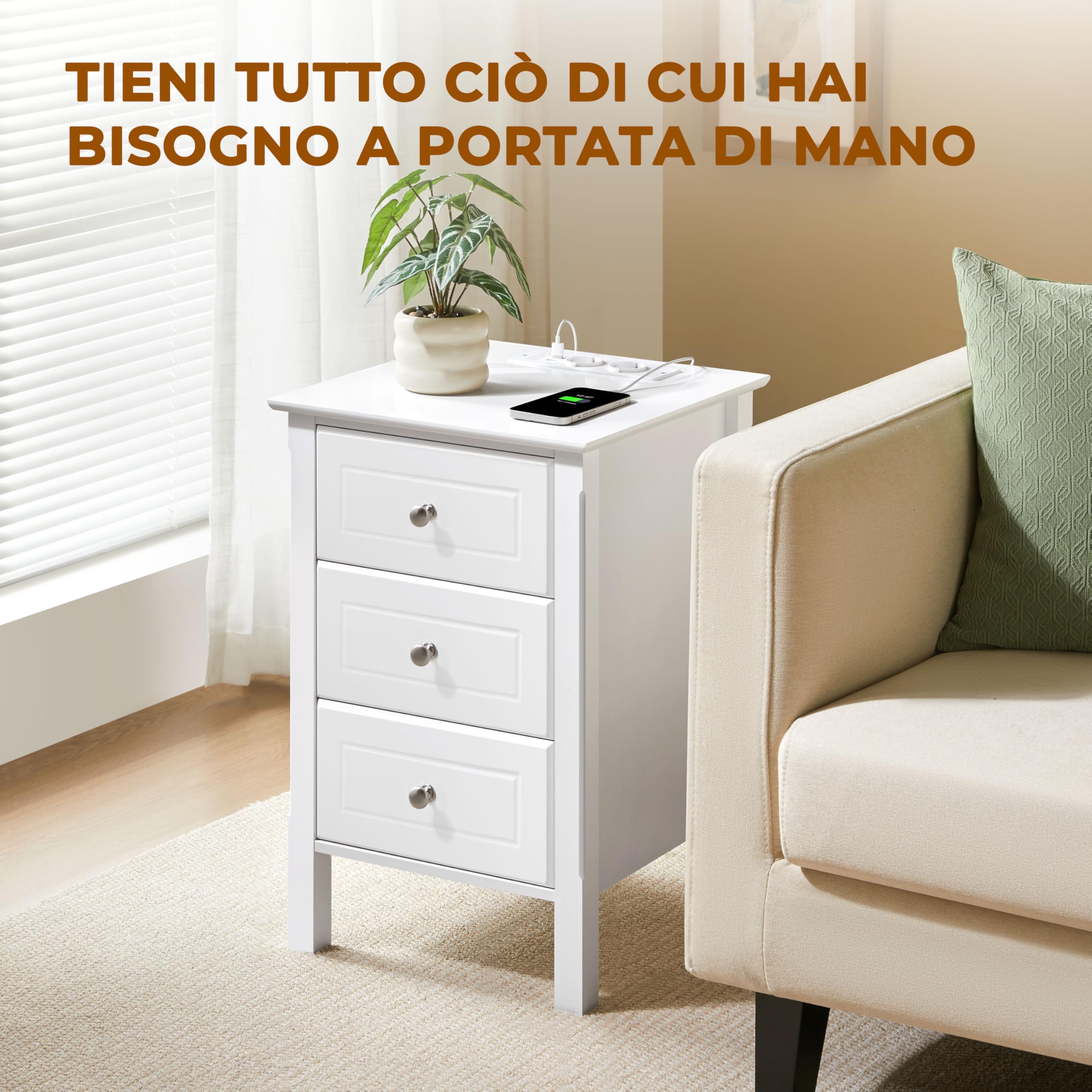 Yaheetech Comodino Camera da Letto con Stazione di Ricarica 2 Porte USB e 2 Prese AC Comodino Smart con 3 Cassetti Salvaspazio Tavolino da Notte Soggiorno (1)