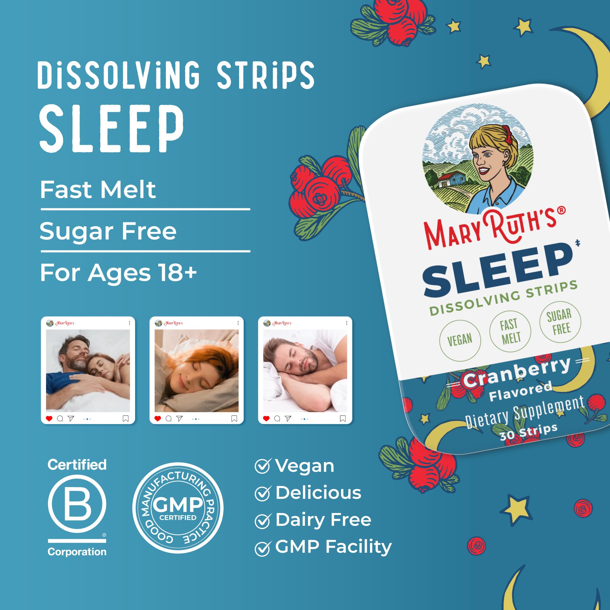 Sleep Dissolving Strips by MaryRuth's | L Theanine | Chamomile Flower | Melatonin 5mg | Valerian Root | Vitamin B6 | Sugar Free | Cranberry Flavor | Vegan | Gluten Free | Dairy Free | 30 Count — Amazon image 8