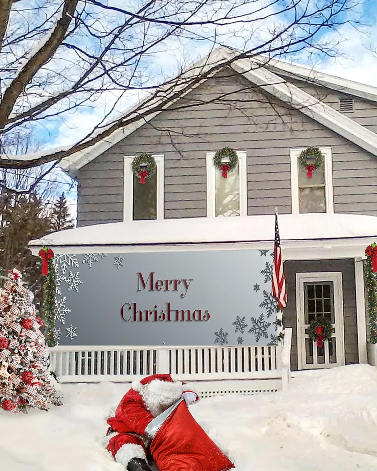 Christmas Garage Door Banner Cover 7 x 8 ft, Snowflake With Merry Christmas Decorations, Holiday Backdrop Decor for Winter New Year Xmas Party