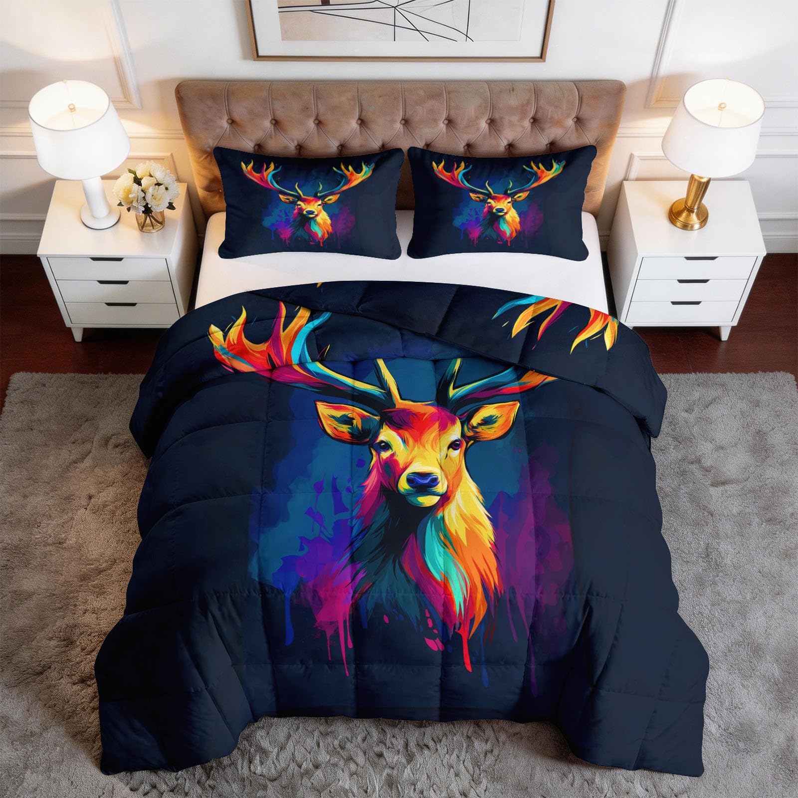 Generico Kołdra Łóżko Podwójne 4 pory roku 140 x 200 cm Kolorowe Zwierzęta Jeleń Kołdra Przez cały rok Ciepła i miękka - naturalna kołdra z piórami i kołdrą, hipoalergiczny koc na kołdrę, czarny