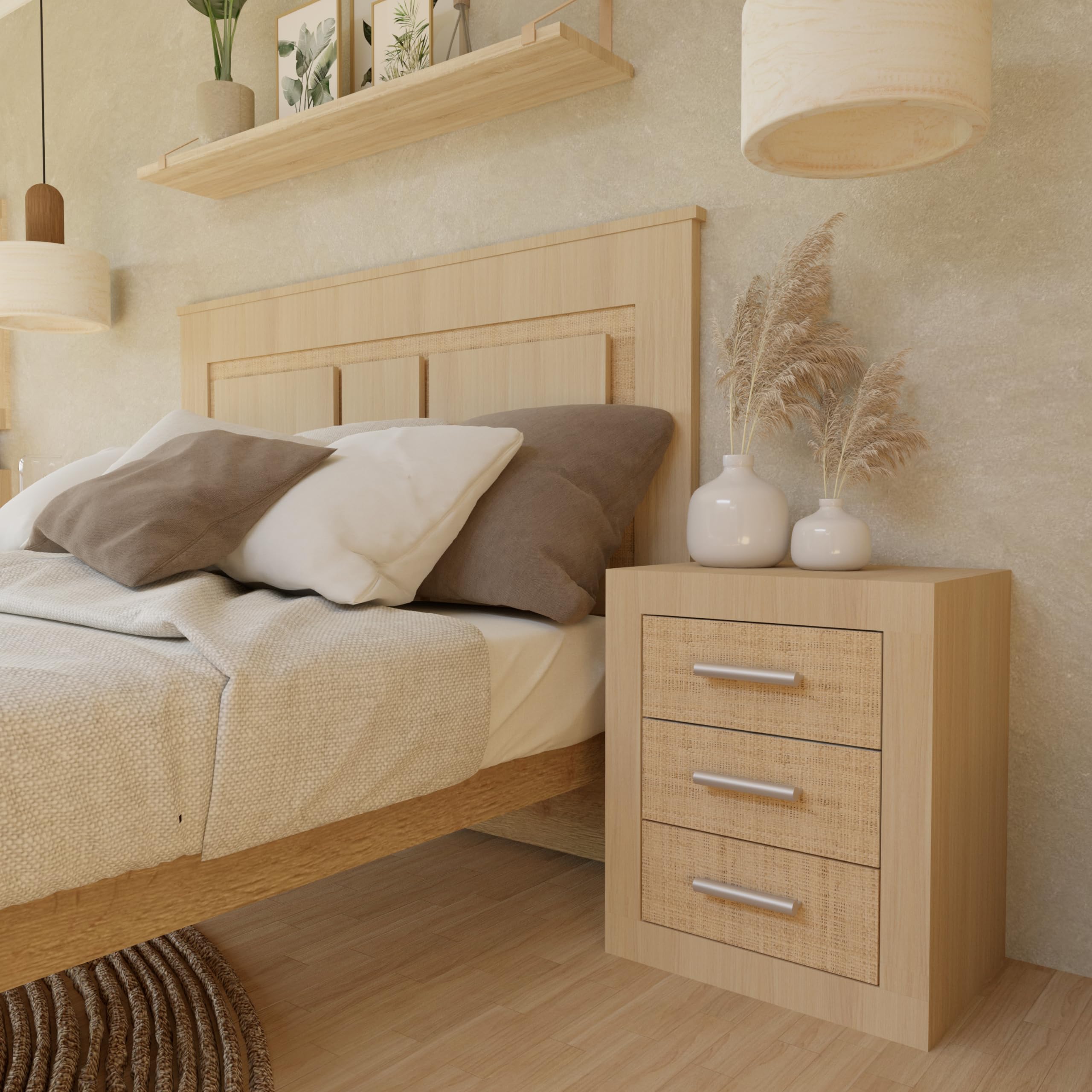 duehome | Mesita de Noche, Mesilla de Dormitorio, Modelo Kira, Acabado en Color Tofe y Textil, Medidas: 50 cm (Largo) x 34,6 cm (Fondo) x 60 cm (Alto)