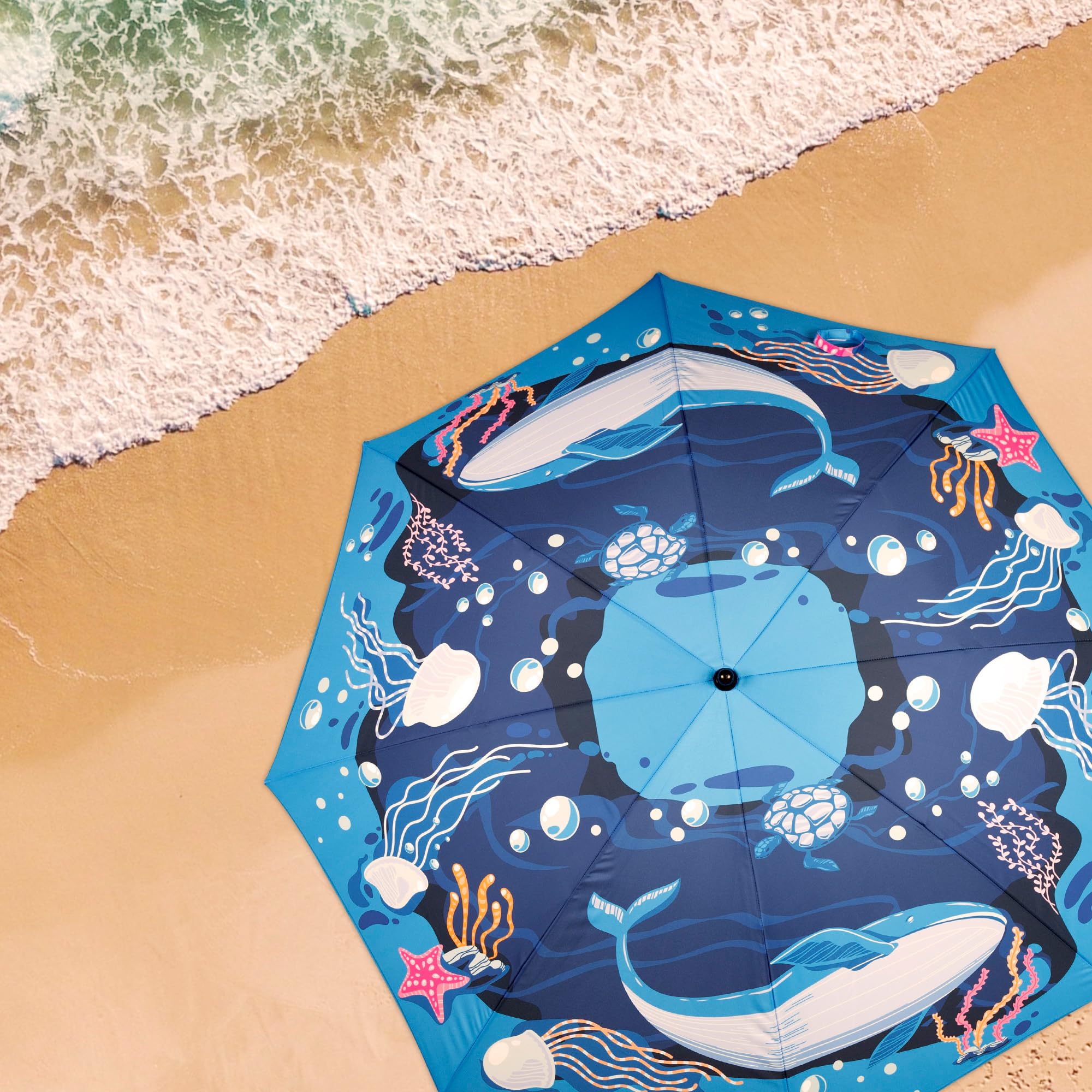 AKTIVE Strandschirm „Sea World“, 200 cm, fotorealistisch, Stahlmast, neigbar und höhenverstellbar, Polyestergewebe, UV40-Schutz, große Schirme, Tragetasche und Griff (62327)