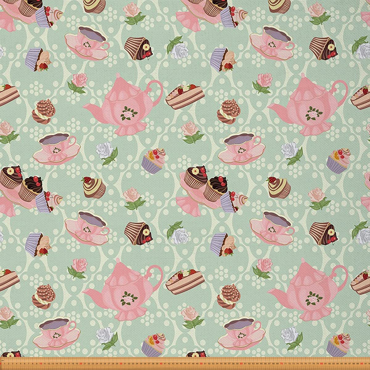 Retro Fabric by The Yard,Retro Style Tea Cups Floral Reupholstery Fabric for Chairs,Royal British Tea Time Waterproof Outdoor Fabric,Bake DIY Fabric,10 Yards,(L920*W150cm) Seafoam — image 1