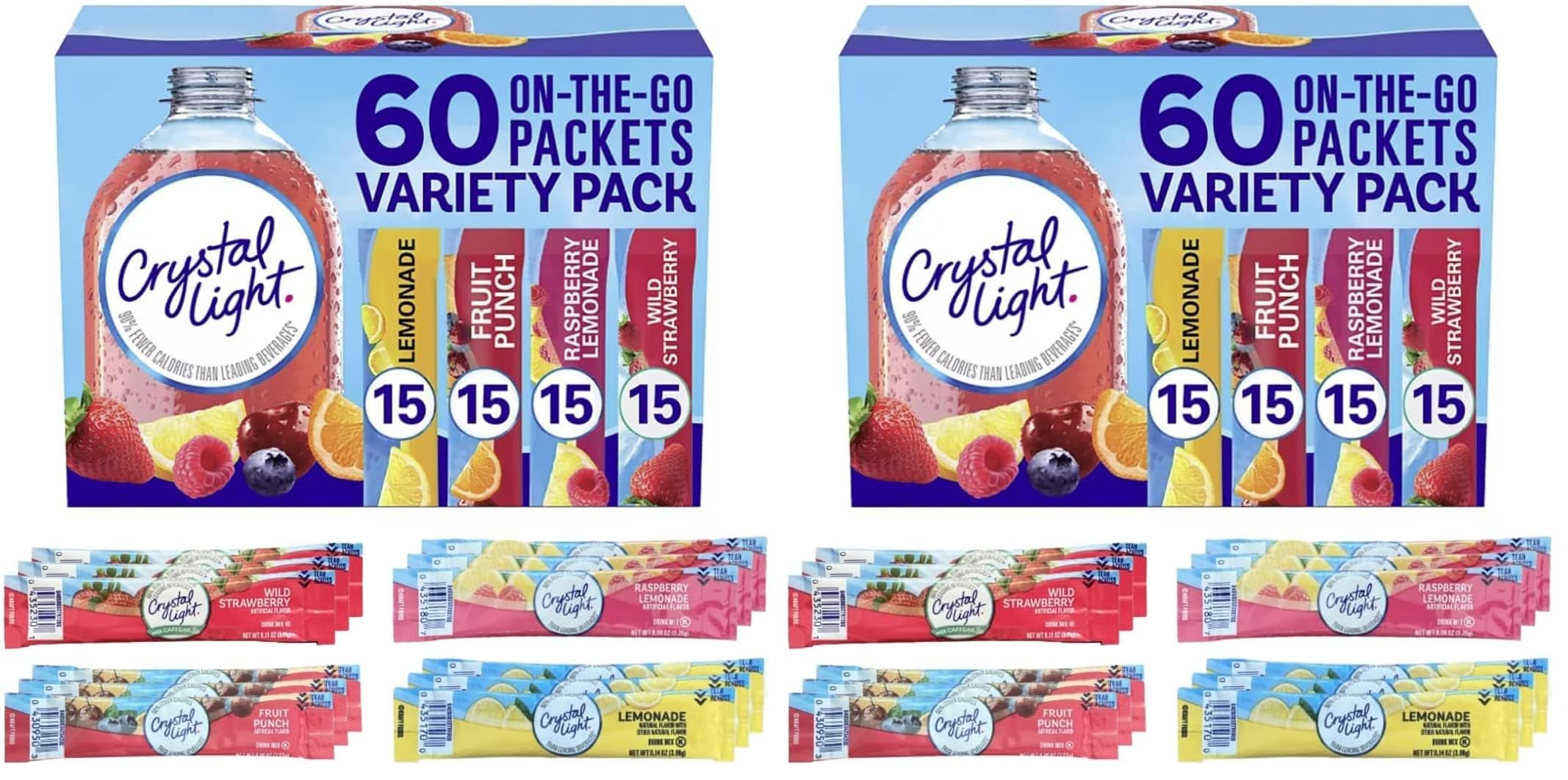 Crystal Light Sugar-Free, Lemonade, Fruit Punch, Raspberry Lemonade and Wild Strawberry On-The-Go Powdered Drink Singles Mix Variety Pack, 60 Count, Each Packet Dissolves into any 16.9 oz. by TOOZOON
