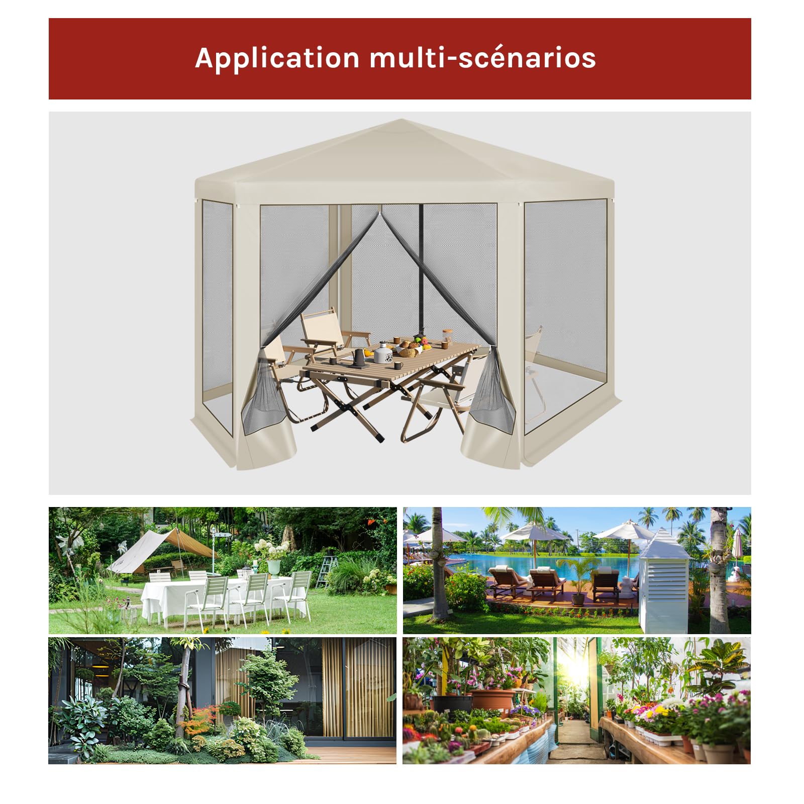 WOLTU Tonnelle de Jardin Extérieur, avec Moustiquaire, Pergola Jardin Extérieur, Tente de Réception, avec Parois Latérales en Maille, Barnum 3,8 x 3,3 m, Hexagone (Beige)