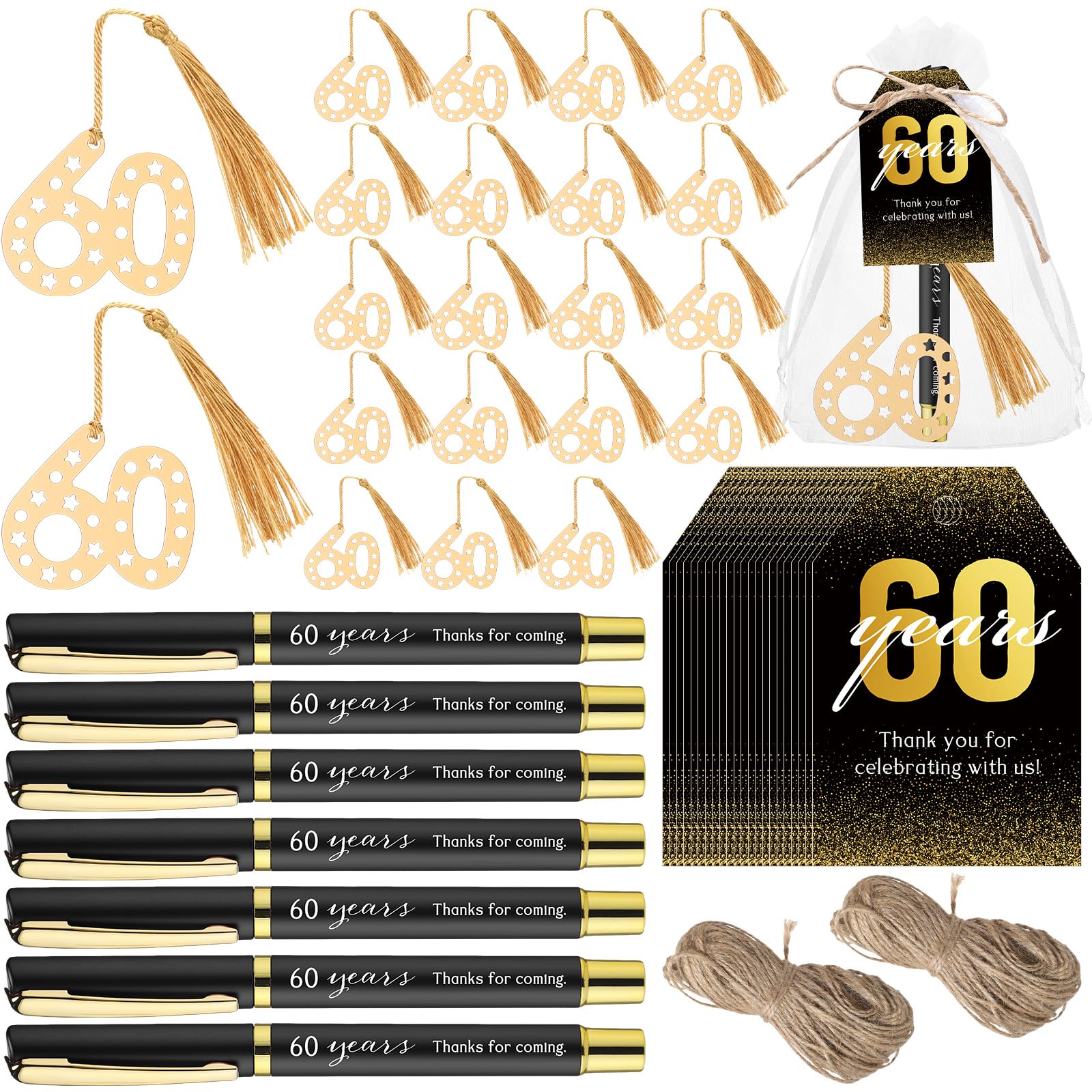 Spakon 50 Set 60h Birthday Party Favor for Guest Anniversary Party Favor Golden Birthday Bookmark Thanks for Coming Pen with Tag Appreciation Gifts