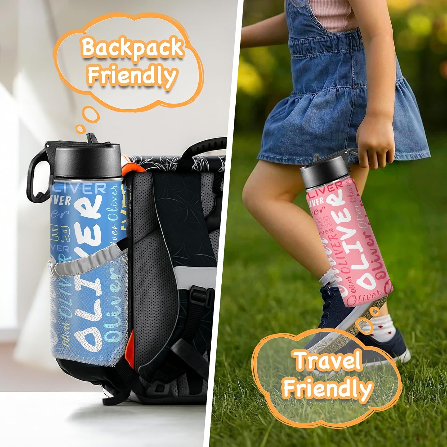 Personalized Water Bottles for Kids for School With Name or Text Custom Insulated Stainless Steel Sports Water Bottle with Straw and Handle for Girls and Boys Straw Lid Back to School Gift - Image 4