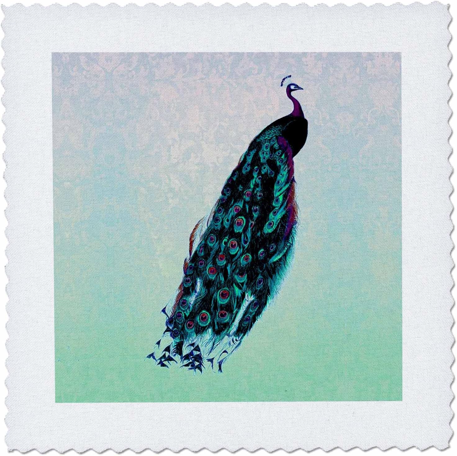 3dRose qs_53990_10 Purple Peacock with Teal, Turquoise, Purple Feathers on Light Green and Lavender Damask Background-Quilt Square, 25 by 25-Inch