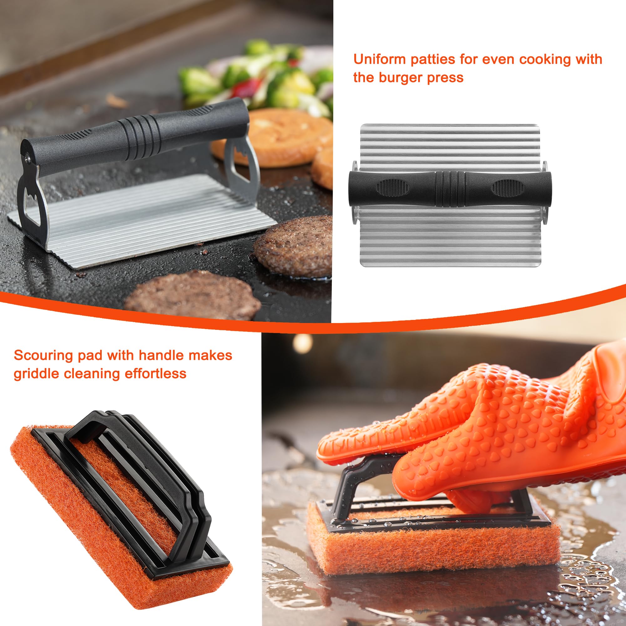 Kit de accesorios para plancha – Juego de 40 herramientas para parrilla de parte superior plana, juego de accesorios para plancha con cubierta de hilvanado, espátula, raspador, prensa 5