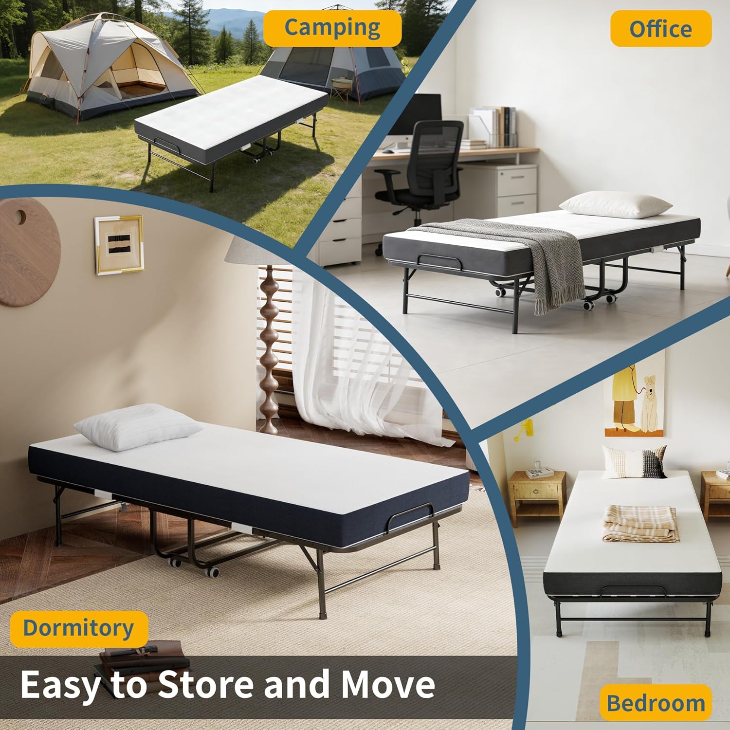 Folding Bed with Mattress for Adults, 75" x 38" Foldable Beds Memory Mattress, Portable Roll Away Bed on Wheels, Folding Metal Beds Frame for Guest, Twin Size