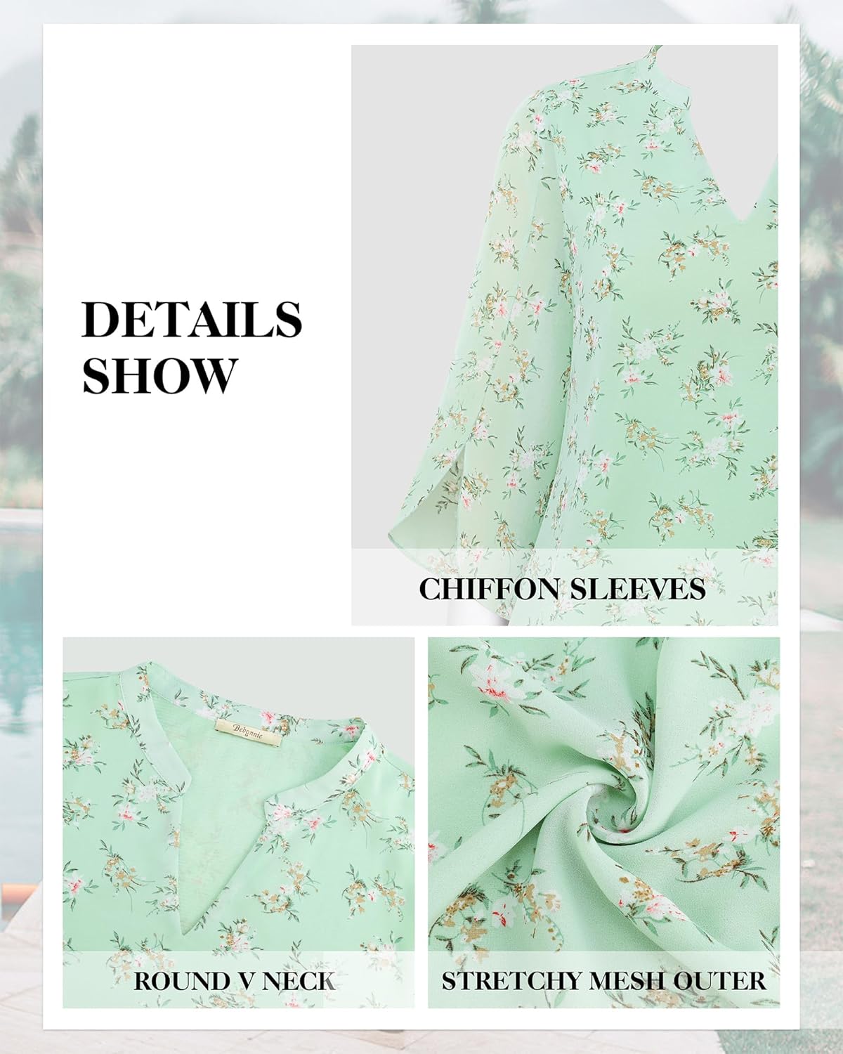 Bebonnie Womens Tops Dressy Casual Ruffle 3/4 Sleeve V Neck Double Layers Chiffon Blouses Tops - Image 5