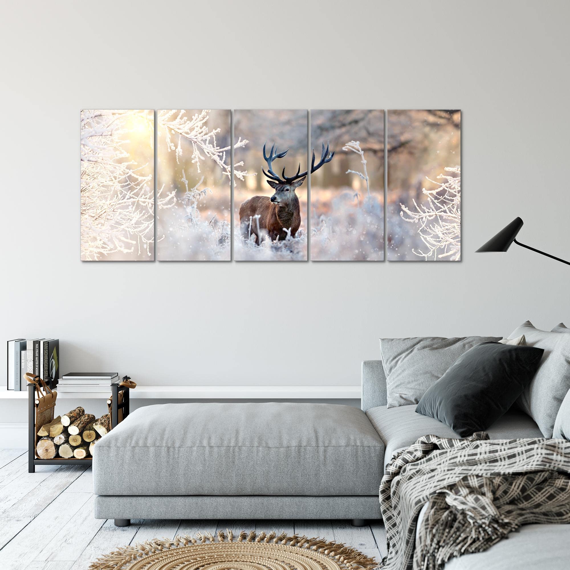 Runa Art Tableau mural XXL Hiver Cerf 200 x 80 cm Beige 5 Parties - 004155a