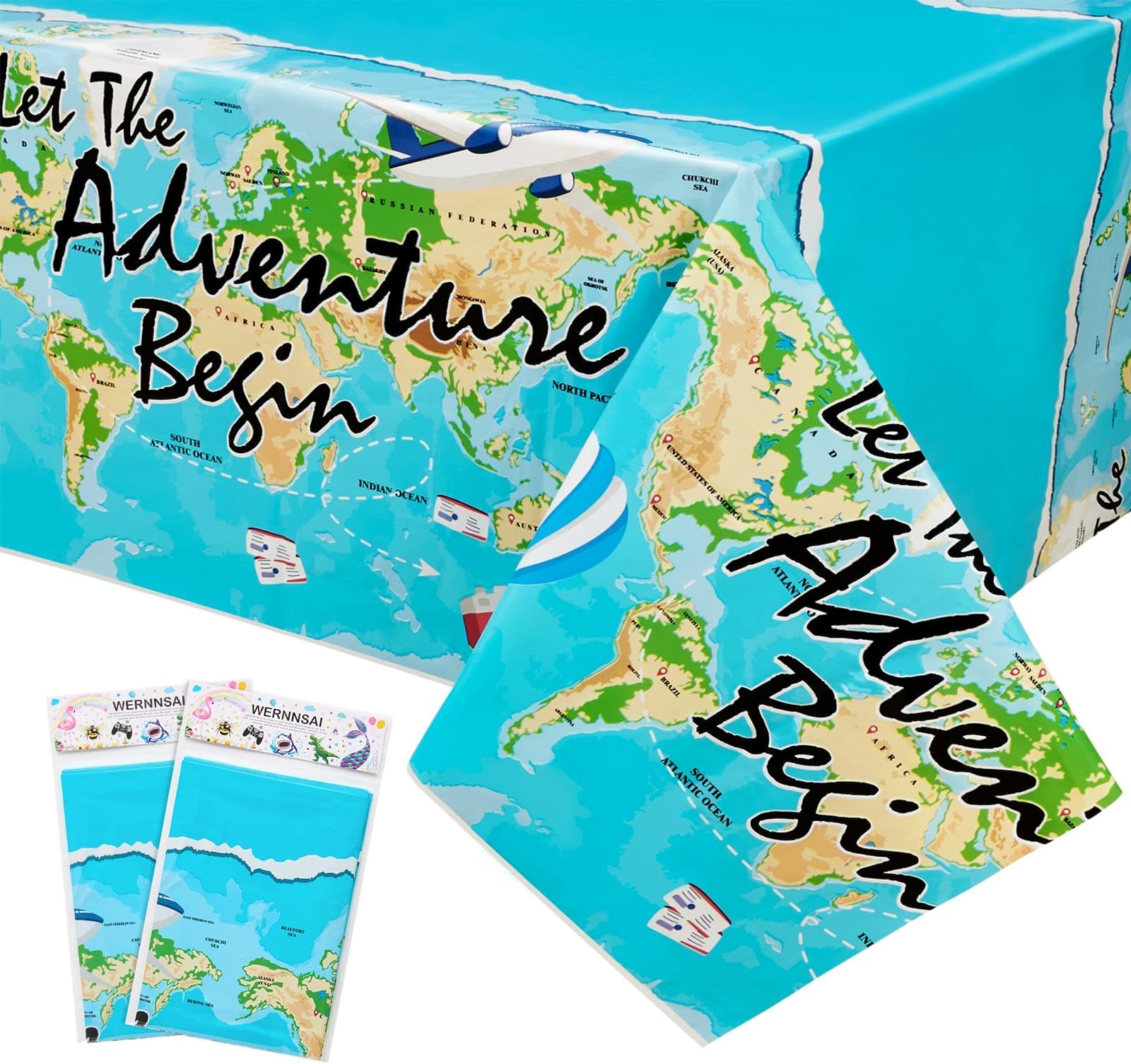 WERNNSAI 2PCS Adventure World Awaits Tablecloth - Travel Party Decorations Bon Voyage Party Decorations World Map Table Cloth for Kids Boys Graduation Baby Shower Birthday Supplies 54" x 108"