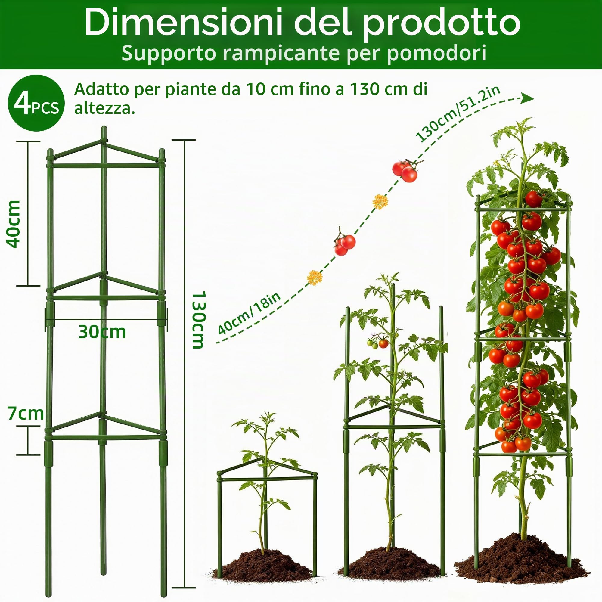 4 set Pali per Pomodori: LUMYCE 130CM Sostegni per Pomodori - Traliccio per Pomodori Peonie Vite Piante Rampicanti