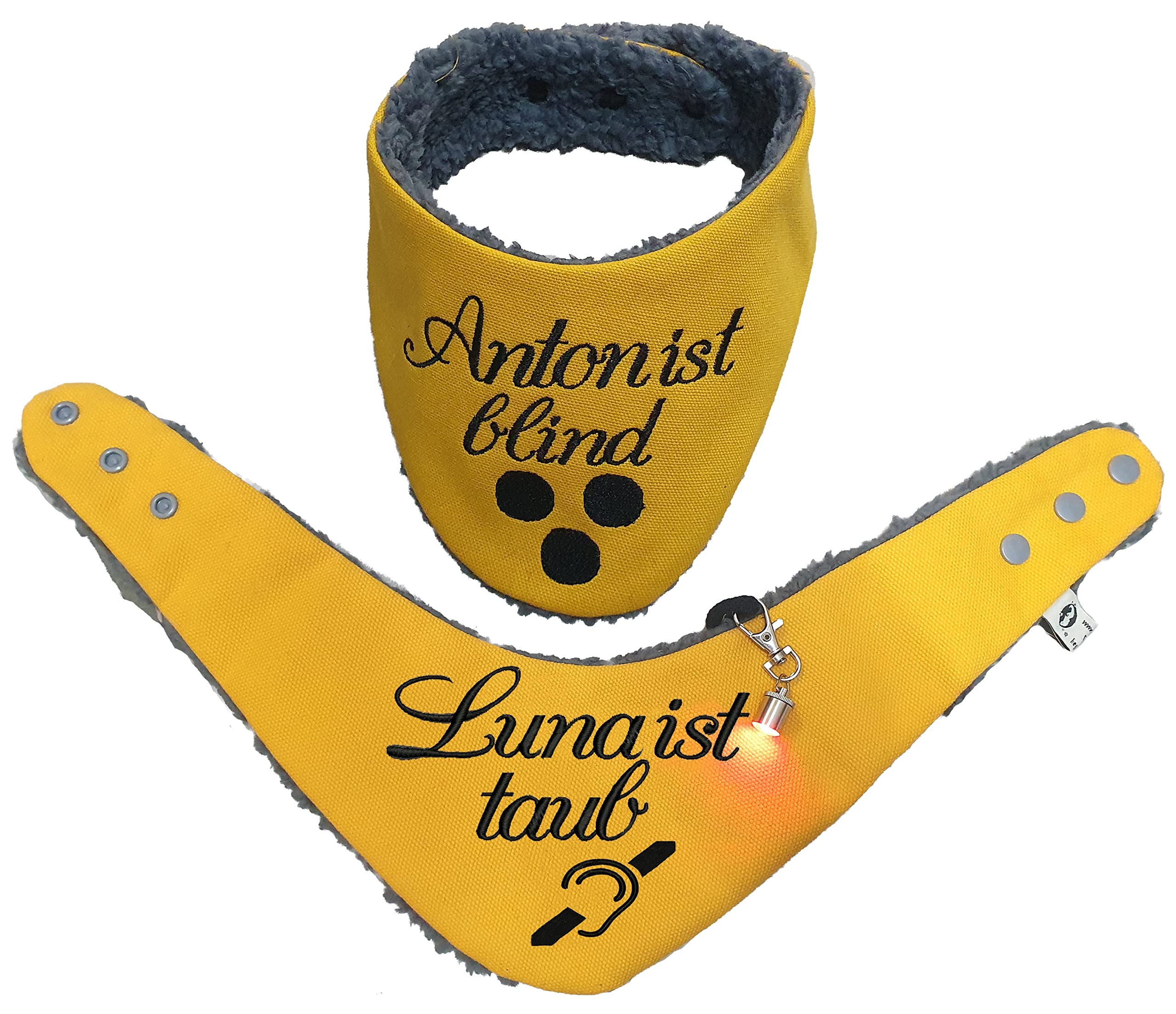 Hundehalstuch für blinde oder taube Handicap Hunde mit Name gelb Größe XXS XS S M L XL XXL XXXL WUNSCHNAME Halstuch Hund Tuch Telefonnummer (Canvas gelb)