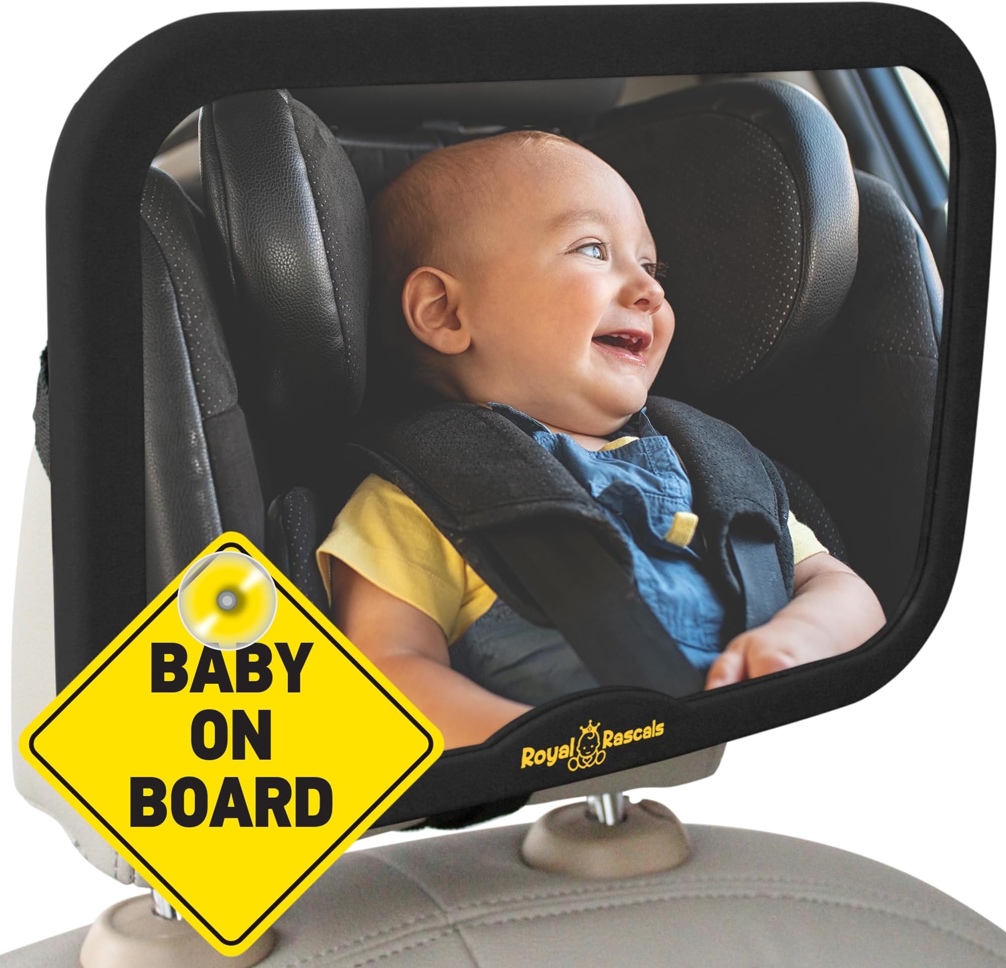 ROYAL RASCALS Baby Car Mirror for Back Seat - Updated Premium Model - Black Frame - Safest Shatterproof Baby Mirror for Car - Rear View Baby Car Seat Mirror to See Rear Facing Infants and Babies
