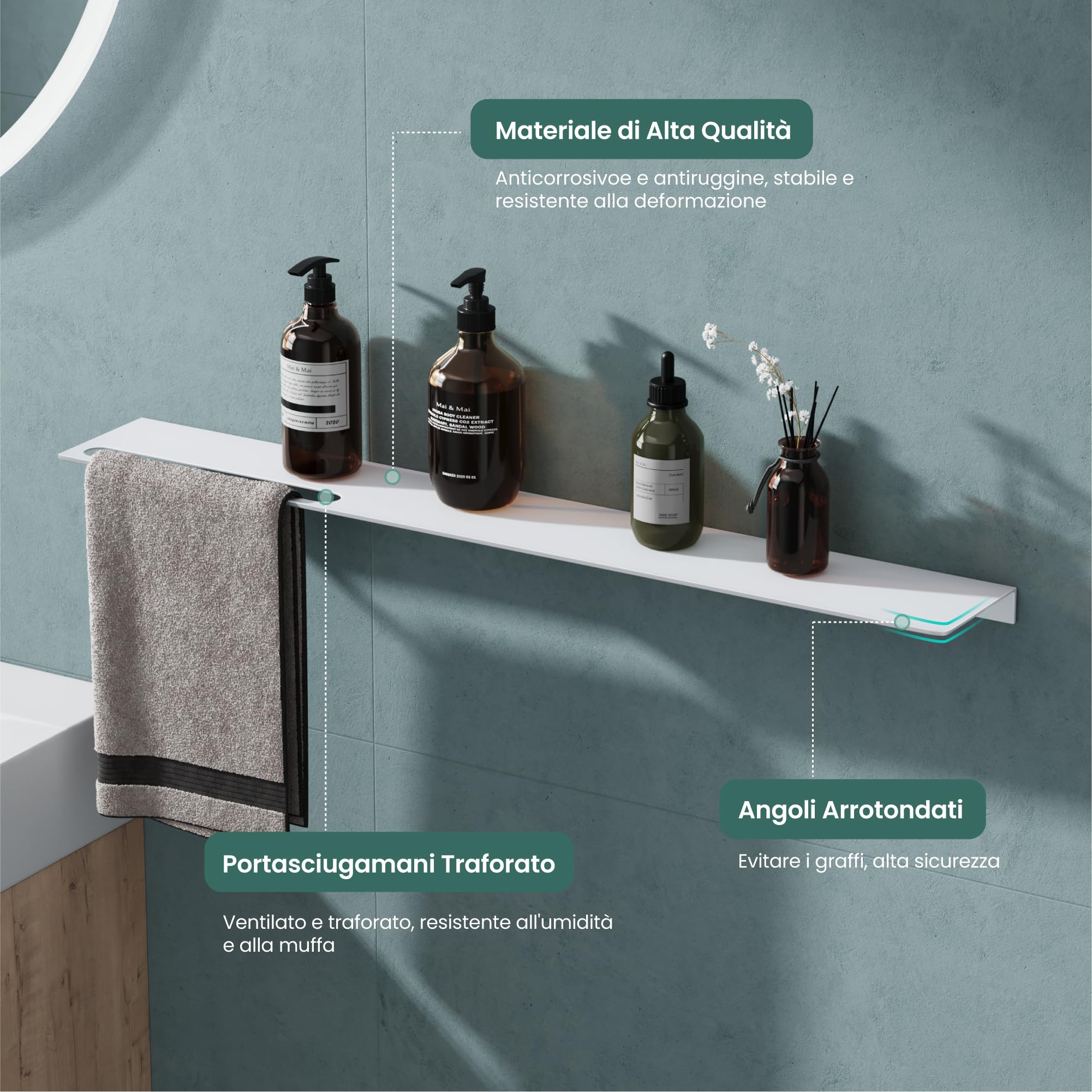 Mai & Mai Mensola da Parete Multifunzionale 40cm, Mensola per Doccia in Alluminio con Portasciugamani Mensola da Appendere per Bagno e Cucina, Bianco Opaco, Reglo-06
