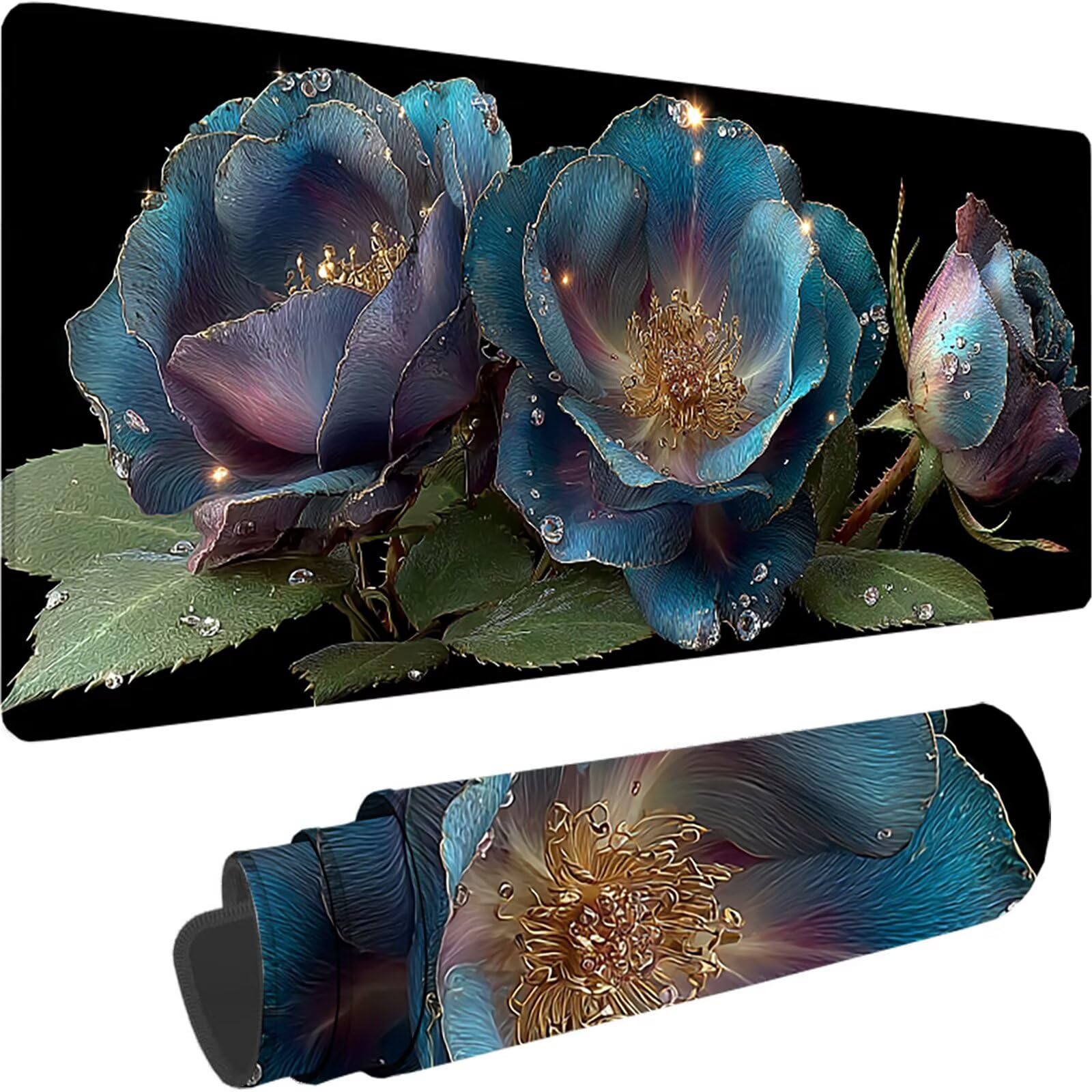 Czarna podkładka pod mysz, duża podkładka pod mysz XXL 1600 x 800 x 3 mm kwiat pod ręką biurko, podkładka pod mysz do klawiatury i biura, z przeszytymi krawędziami i antypoślizgowym tyłem do dekoracji