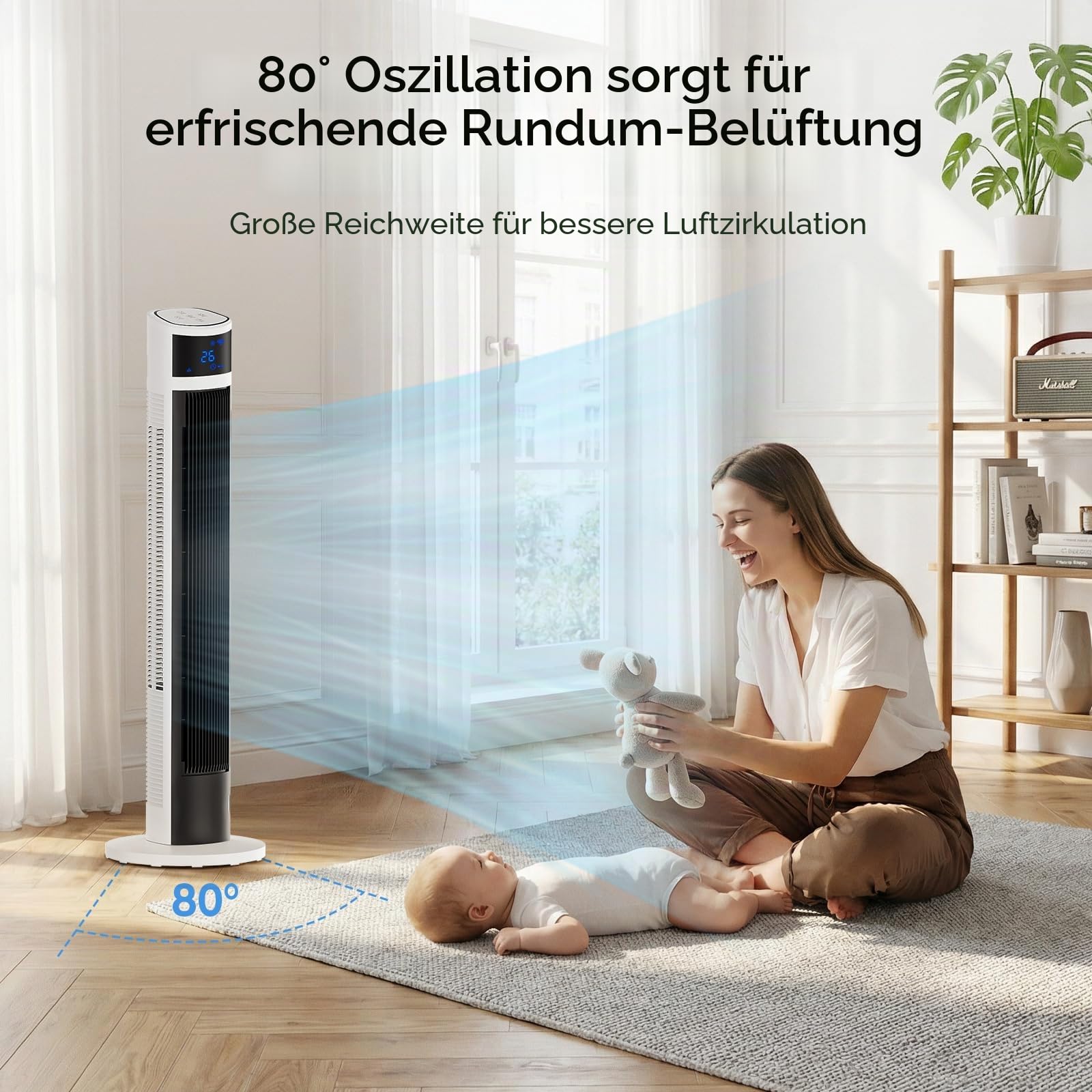 30dB Turmventilator Sehr Leise mit Fernbedienung | 80° Oszillation, drei Modi, Raumkühlung, platzsparender Tower Fan, kühlender Luftstrom, Schlafzimmer Büro, Senioren geeignet