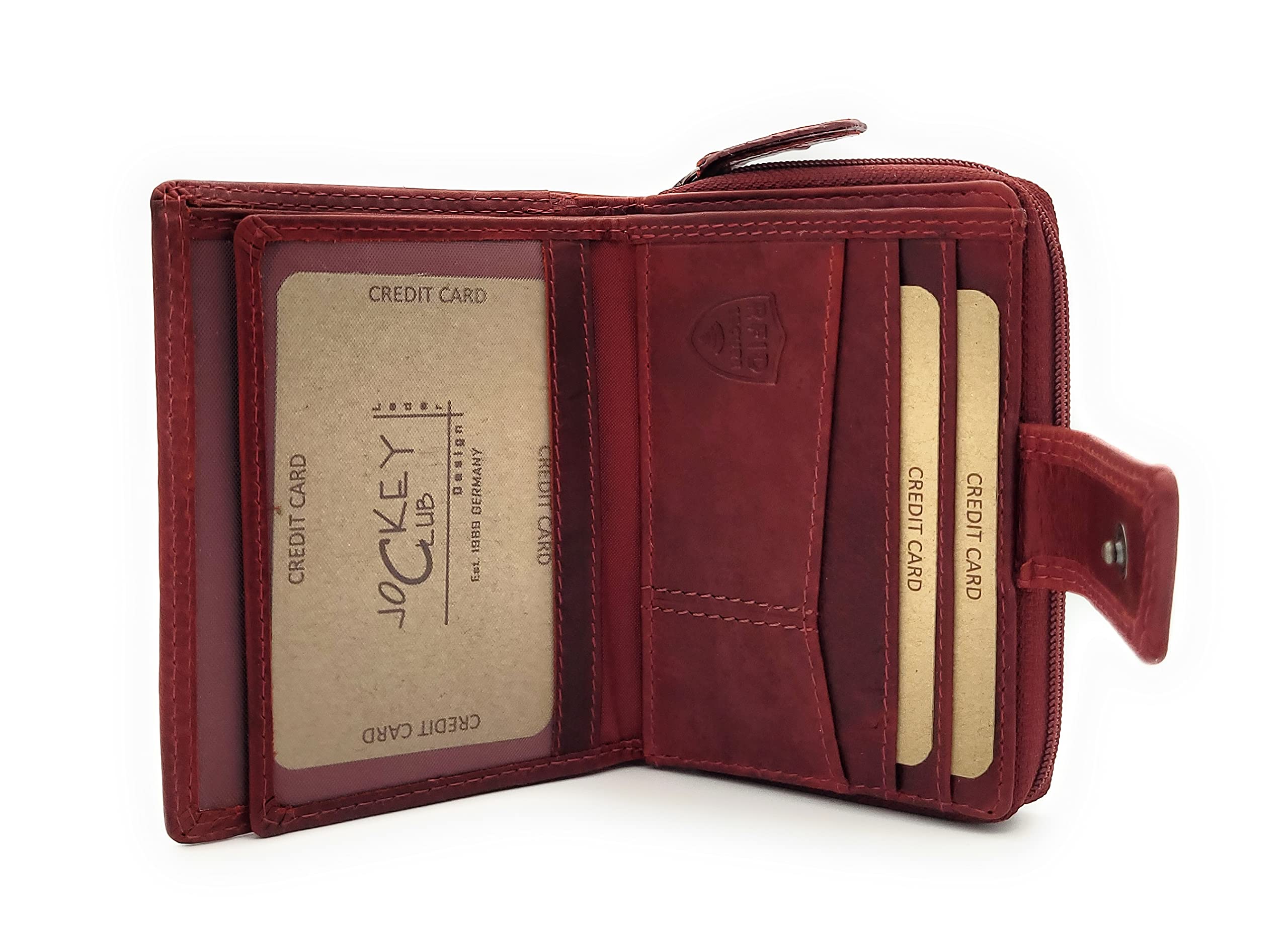 Jockey Club - Monedero pequeño Tarjetero Cartera de piel auténtica para mujer con protección RFID, rojo, small, Retro
