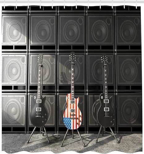 Miniatura 2 de Ambesonne Cortina de ducha con bandera estadounidense, negro y bajo estadounidense, tema de música rock electrónico, trabajo gráfico digital, juego